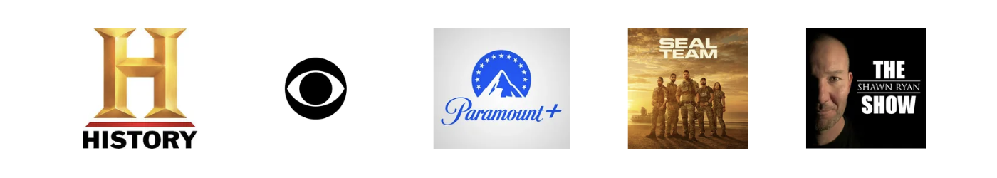 Row of logos representing History, CBS, Paramount Plus, Seal Team TV show, and The Shawn Ryan Show podcast.