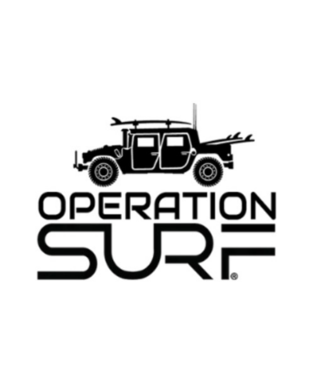 Black and white logo with a silhouette of an off-road vehicle carrying surfboards and the text "Operation Surf".