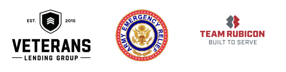 Logos for Veterans Lending Group, U.S. Army Emergency Relief, and Team Rubicon, with EST 2015