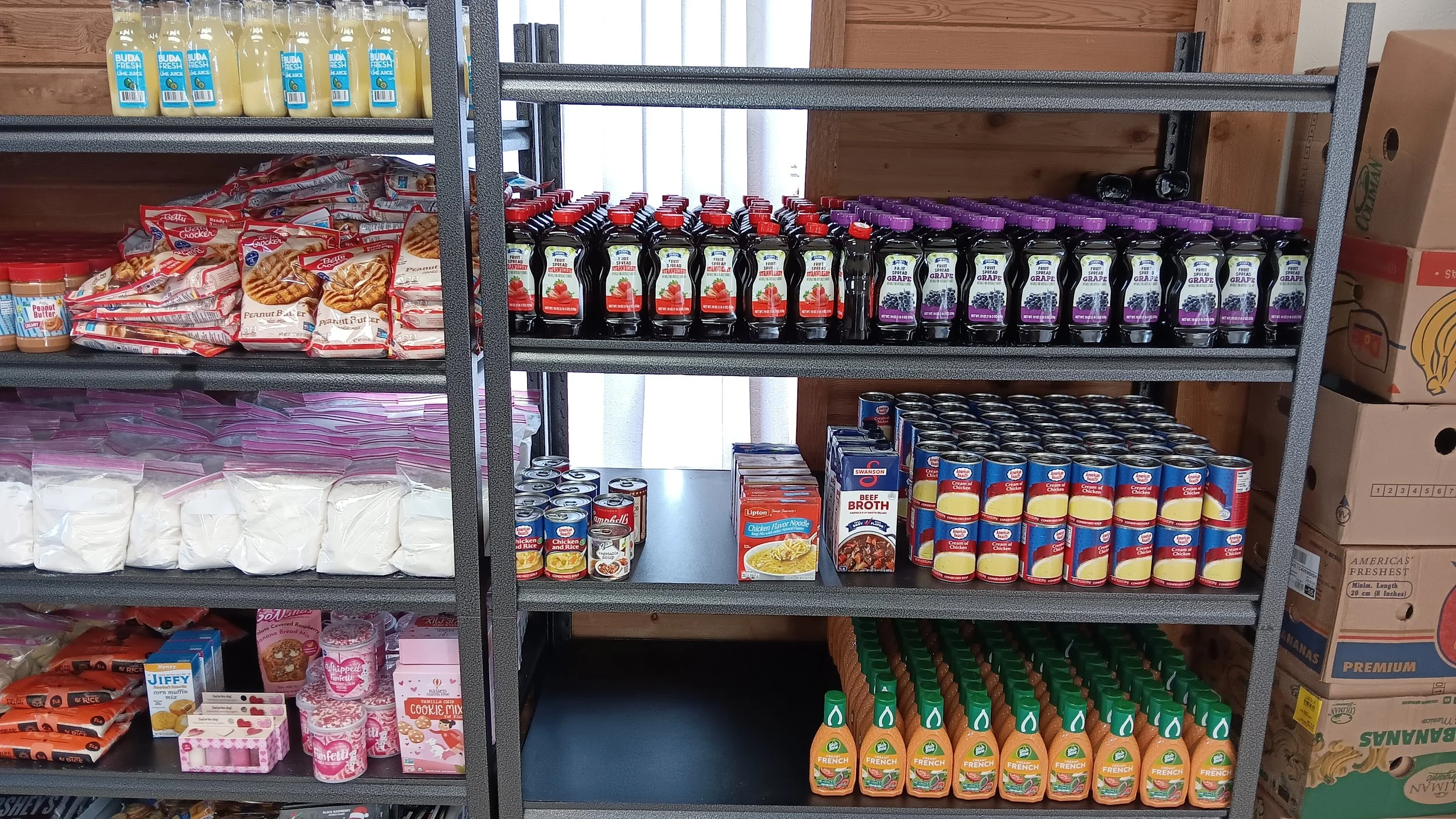 Shelves stocked with food items
