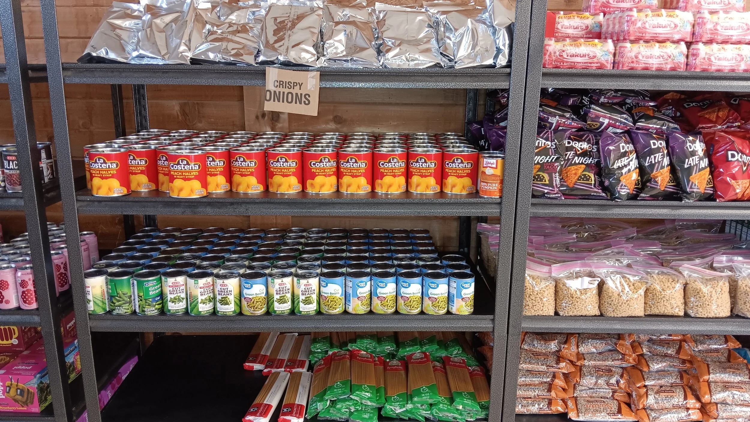 Shelves stocked with food items