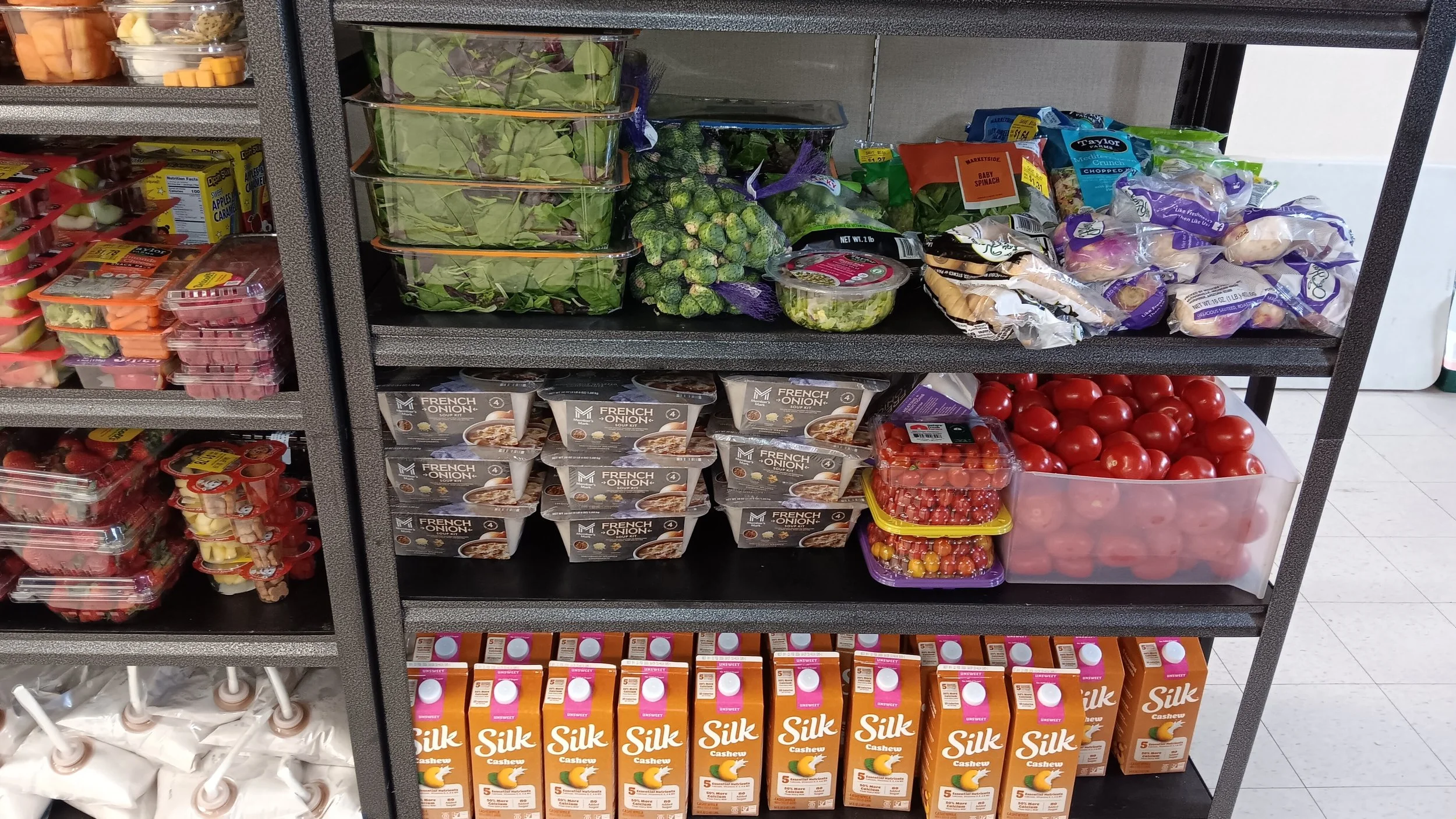 Shelves stocked with food items