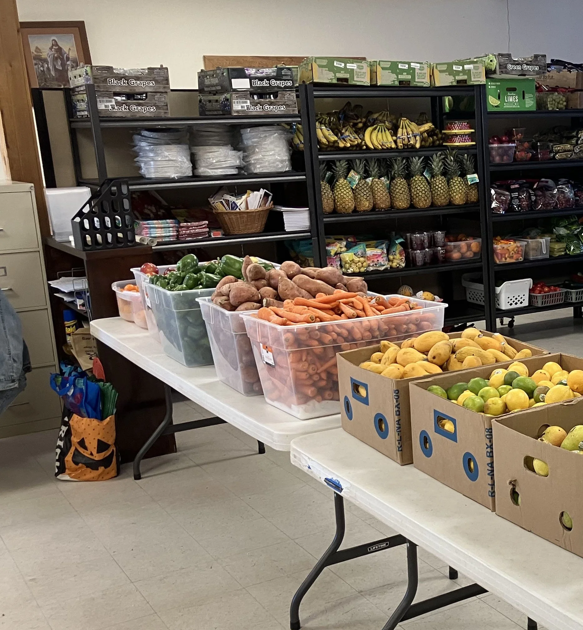 Table with fruit in tubs