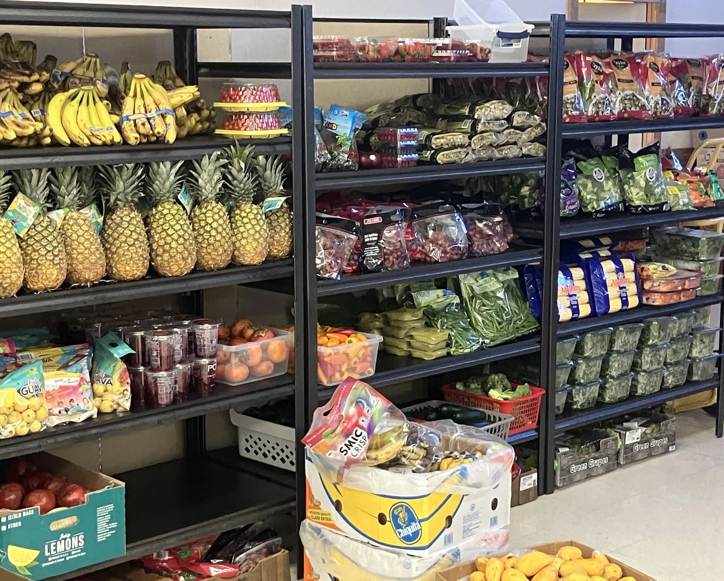 Shelves stocked with food items