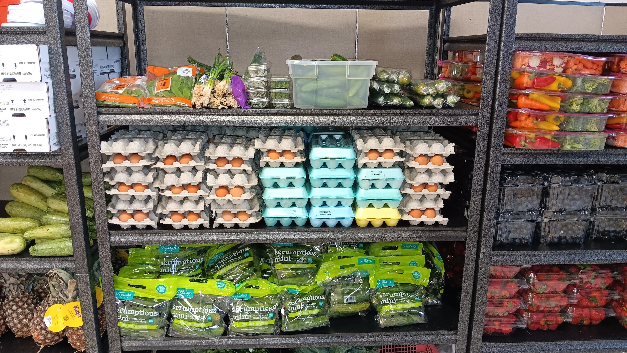 Shelves stocked with food items