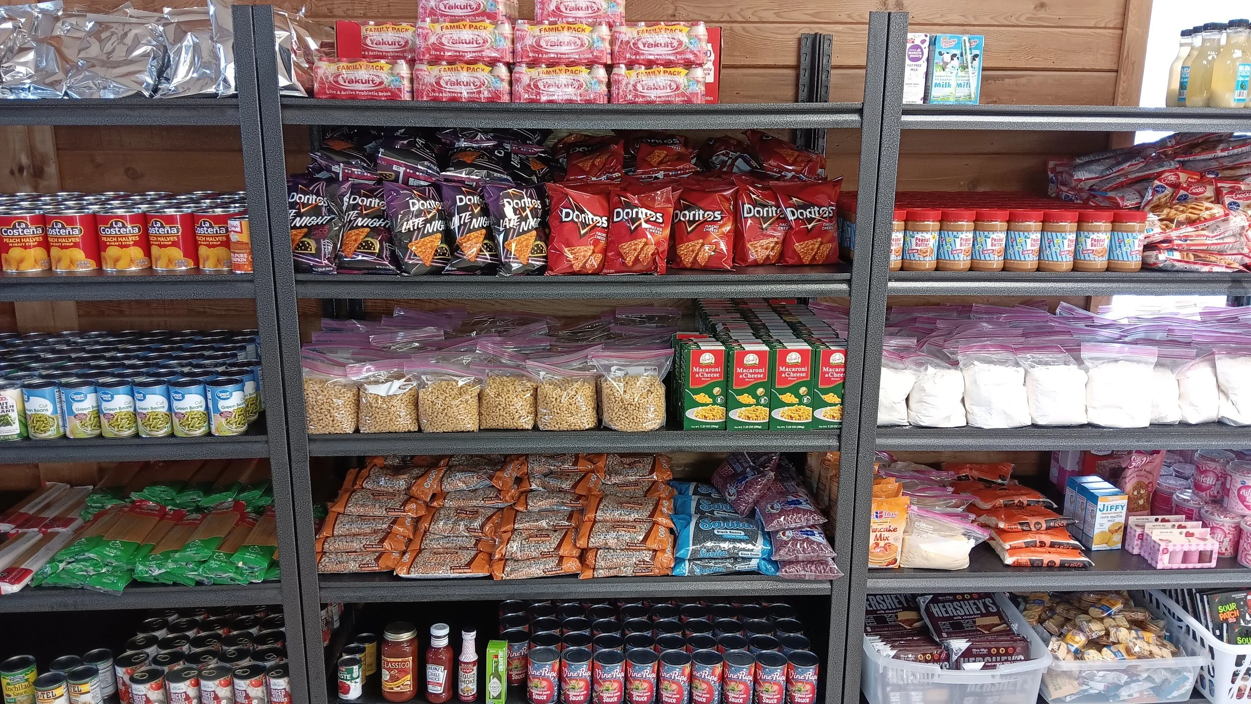 Shelves stocked with food items