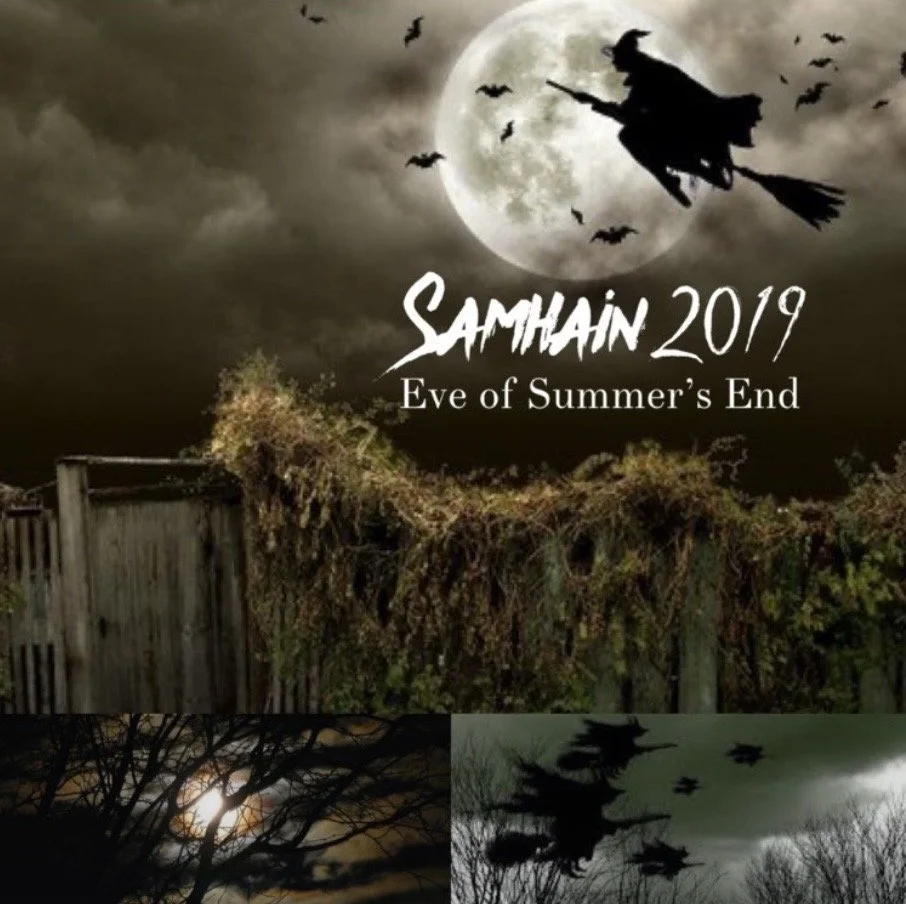 Halloween-themed collage with a witch flying on a broomstick in front of a full moon, bats flying in the sky, and trees silhouetted against the night sky.