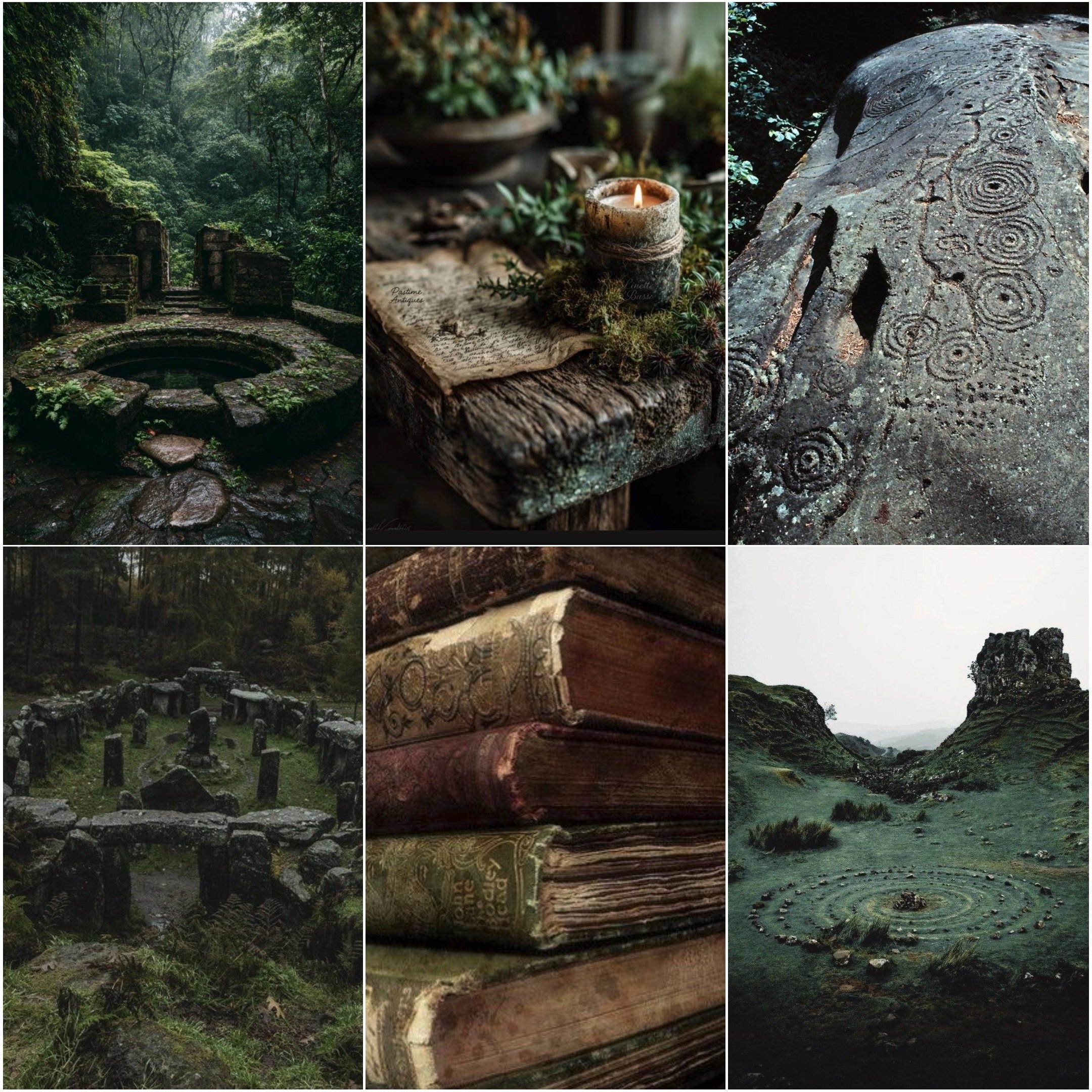 Series of images showing nature and ancient artifacts including a wooded area with ruins, a candle on an old book, carved stone with spiral patterns, and a river with rocks.