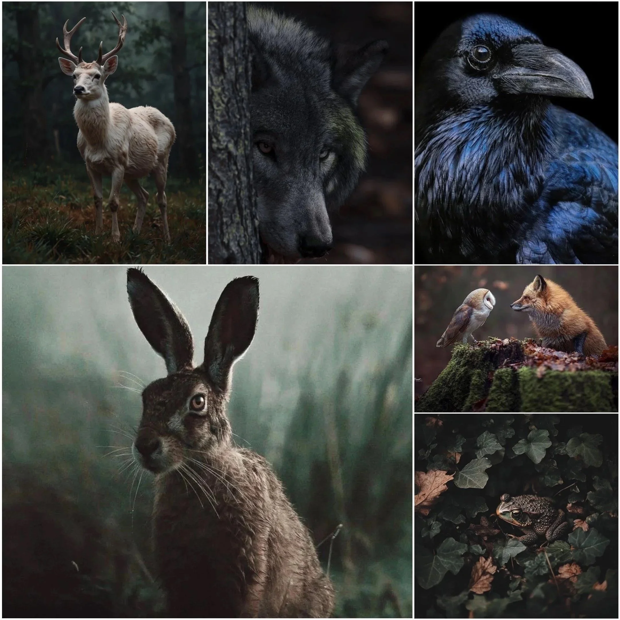 A collage of animals in nature, featuring a white stag in a forest, a wolf behind a tree, a crow with a glossy black feathers, a hare, a barn owl with fox and a toad among leaves.