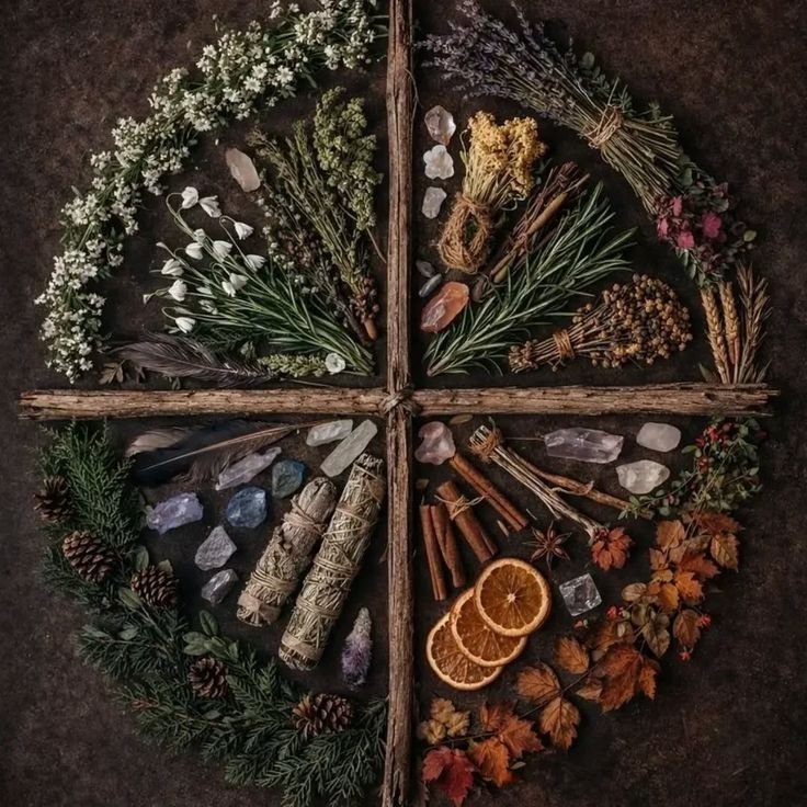 The Wheel of the Year. A circular arrangement of various herbs, spices, dried fruits, and crystals segmented into four quadrants on a dark background representing the seasons of the year.