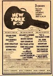 Concert flyer for New York Pop shows in July 1979 featuring various artists such as Grand Funk, Jim Hendrix, John Sebastian, Steppenwolf, Jethro Tull, and Miles Davis.