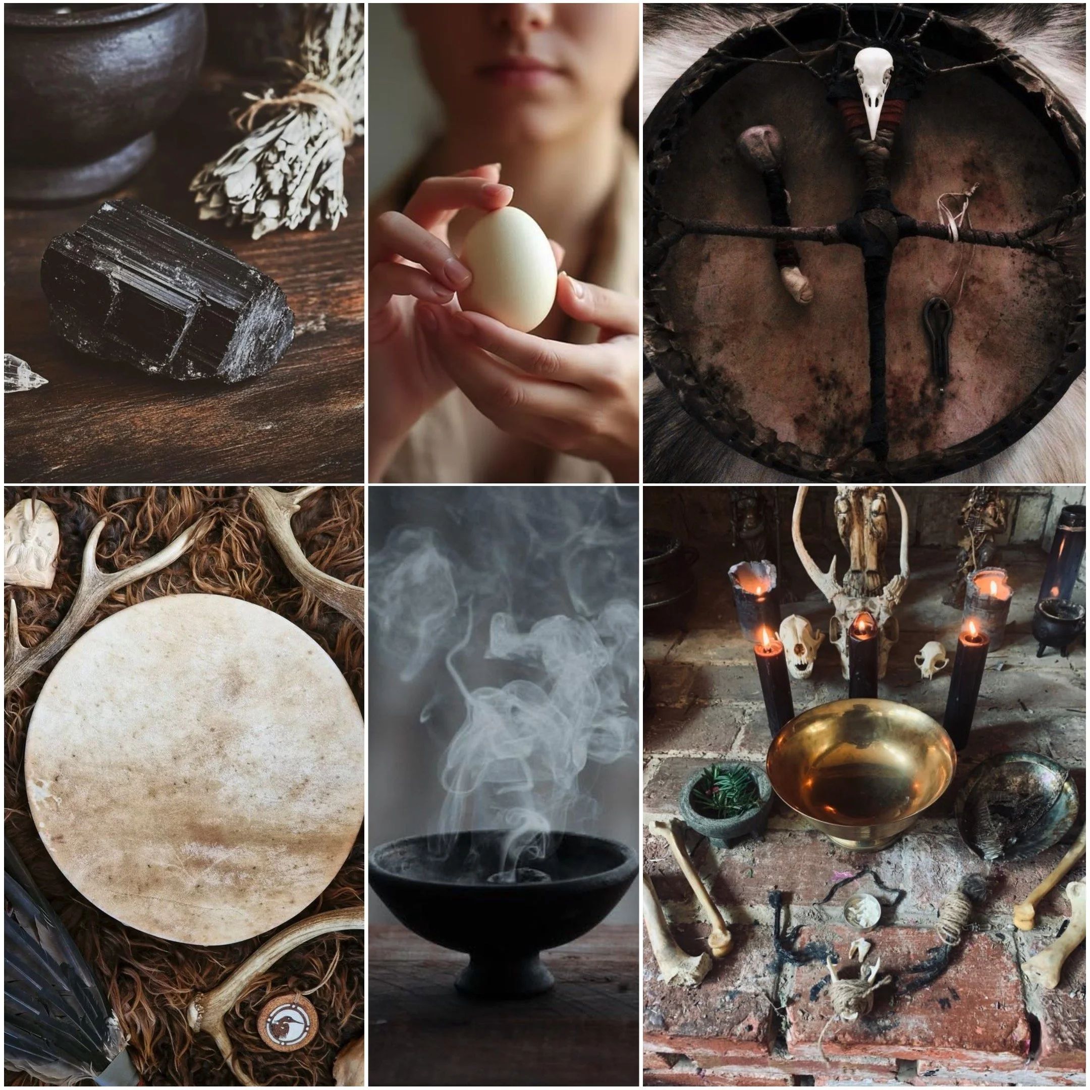 A collage of images featuring natural objects and items related to ritual or spiritual practices. The pictures include a black stone, a person's hand holding a white egg, a black candle with smoke, a skull with candles, bones and antlers, and a decorated skull with candles.
