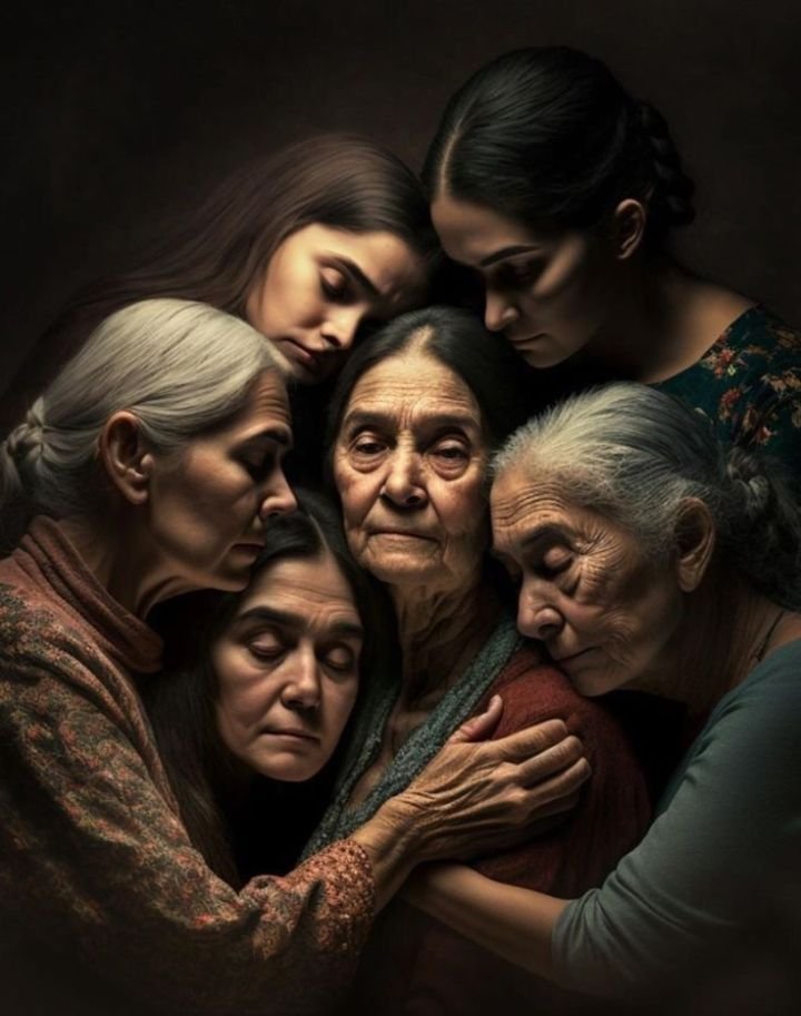 Six women, ranging from elderly to younger, are hugging each other in a close, intimate pose with somber expressions against a dark background.