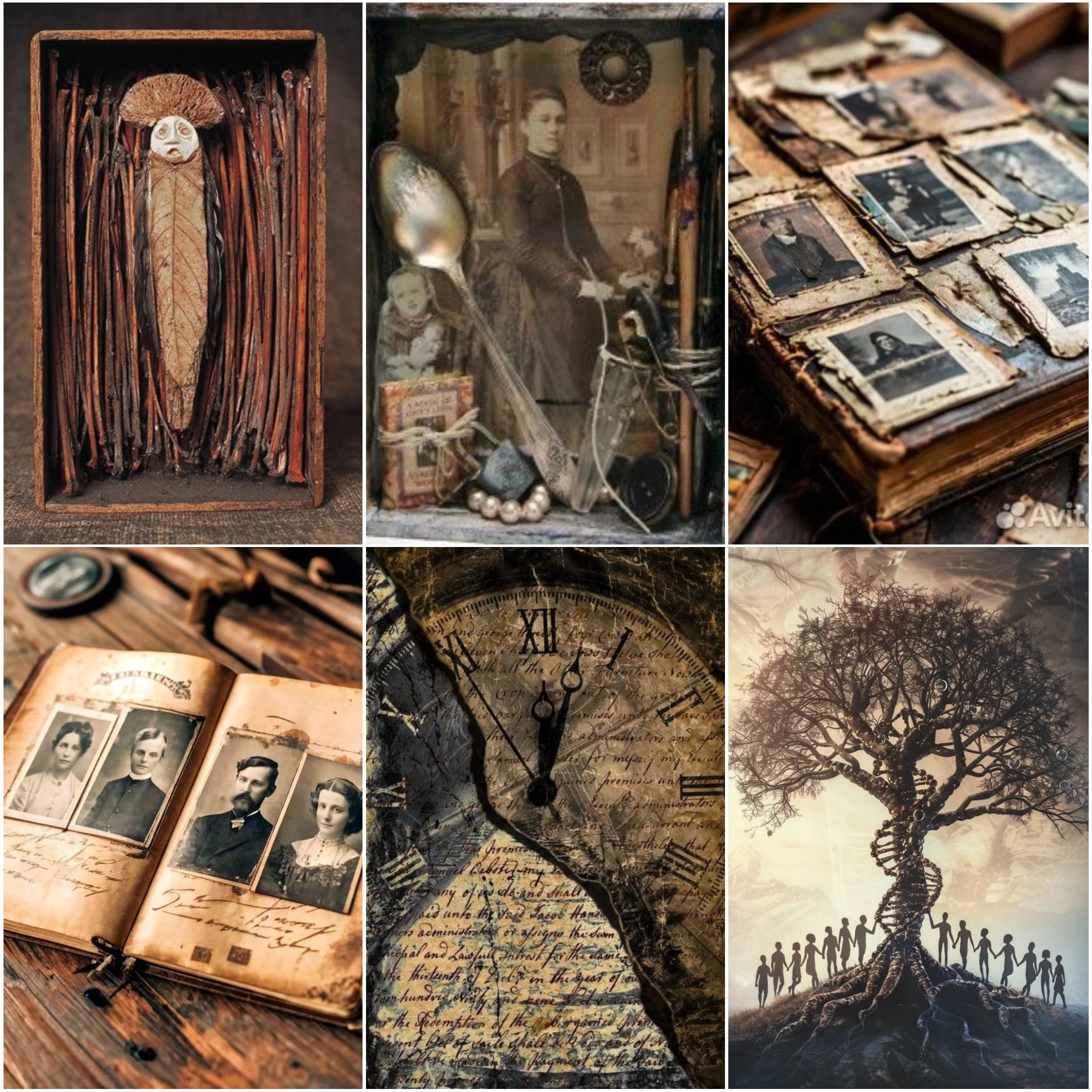 Collage of vintage photographs and illustrations, including an old photograph of a woman and a girl, a pile of worn photographs, pages from handwritten documents, a clock face, and an artistic silhouette of trees with people holding hands at the base, all with a sepia and muted color tone.