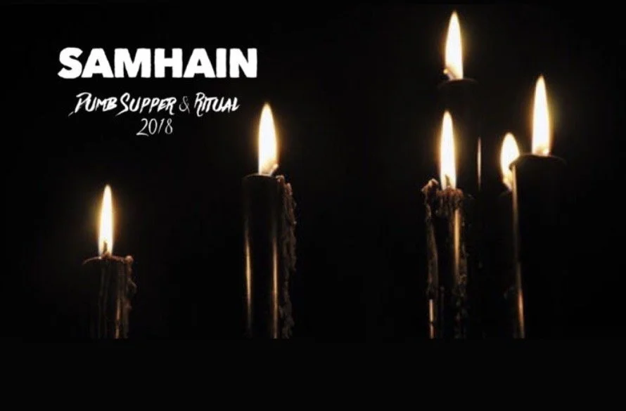 Black background with seven lit candles, some melted, accompanying text about Samhain Dumb Dinner and Ritual 2018.