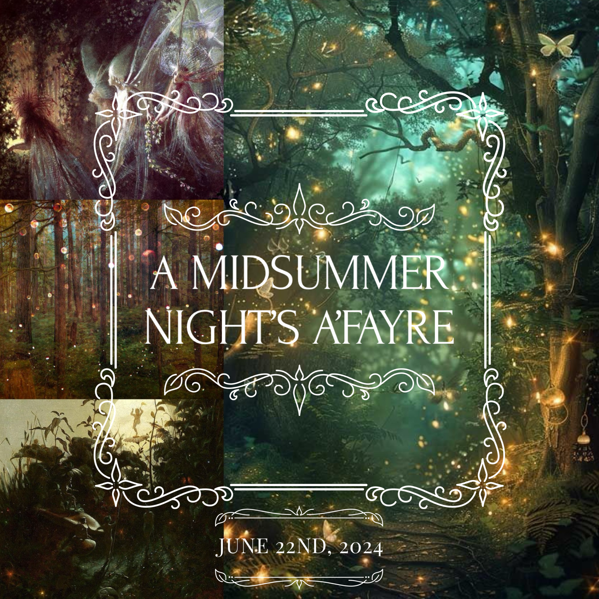 A forest scene with trees, plants, and hanging lanterns, with overlayed decorative text that reads 'A MIDSUMMER NIGHT'S AFORE JUNE 22ND, 2024'.