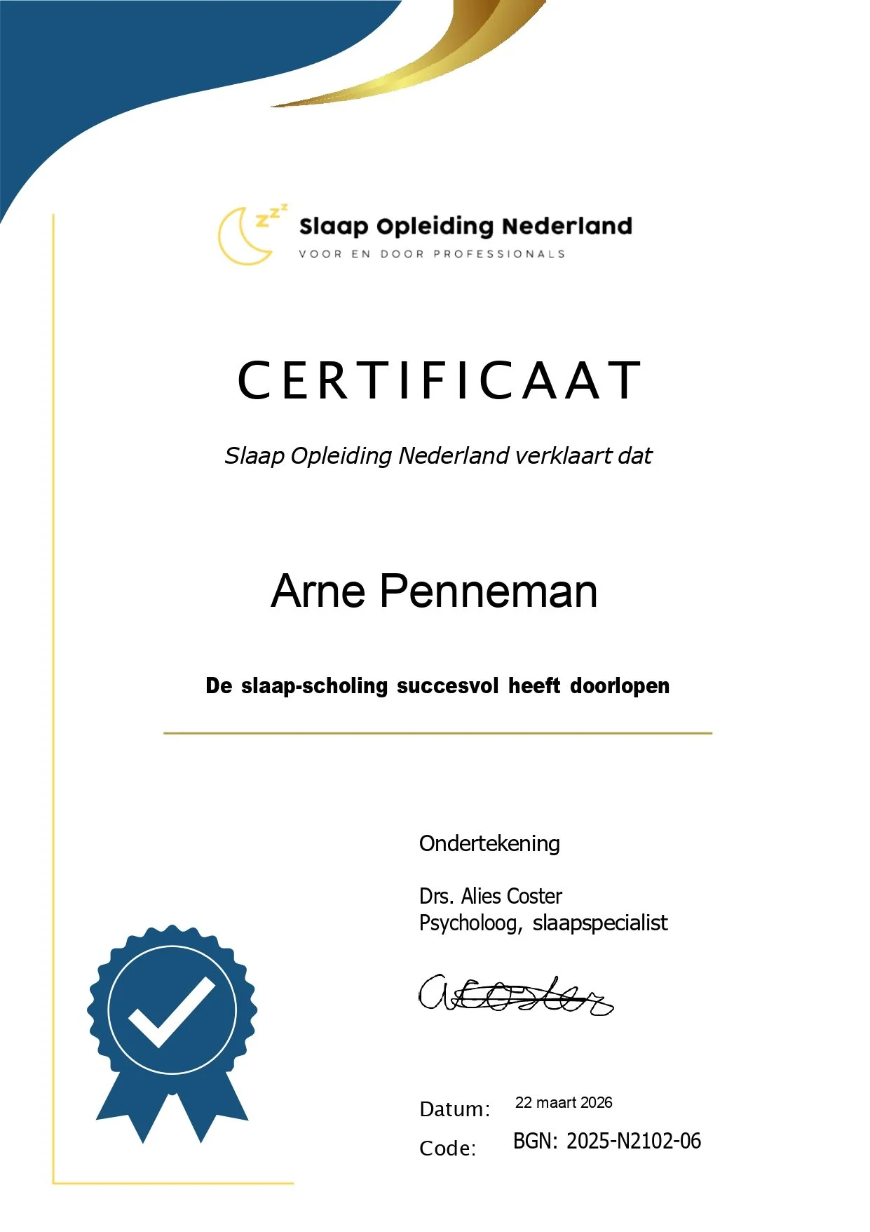 Erkend certificaat Slaap Opleiding Nederland behaald door slaapspecialist Arne Penneman voor professionele slaapbegeleiding in het waasland en beveren