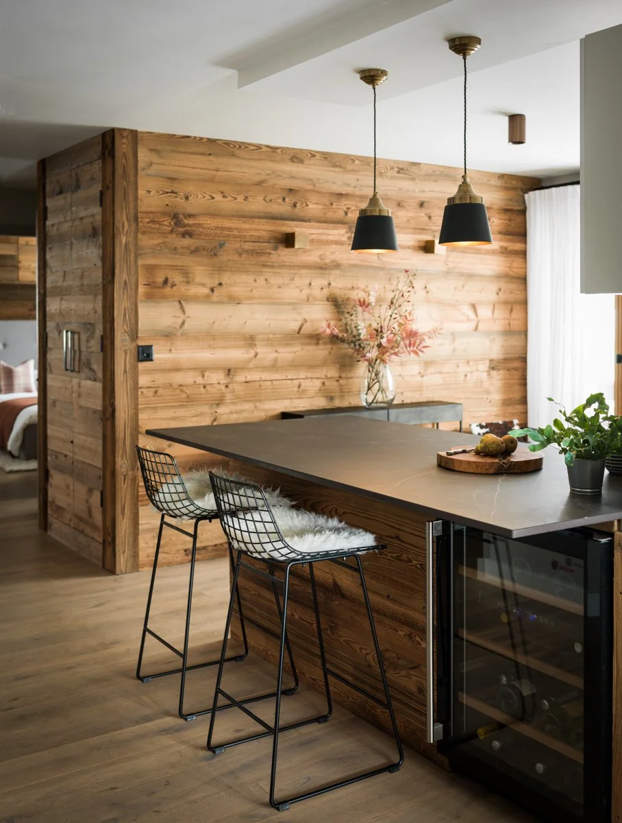 Modern kitchen with wooden accents, black pendant lights, a dining table with black wire chairs, a vase with flowers, a cutting board with fruits, a potted plant, and a wine cooler.