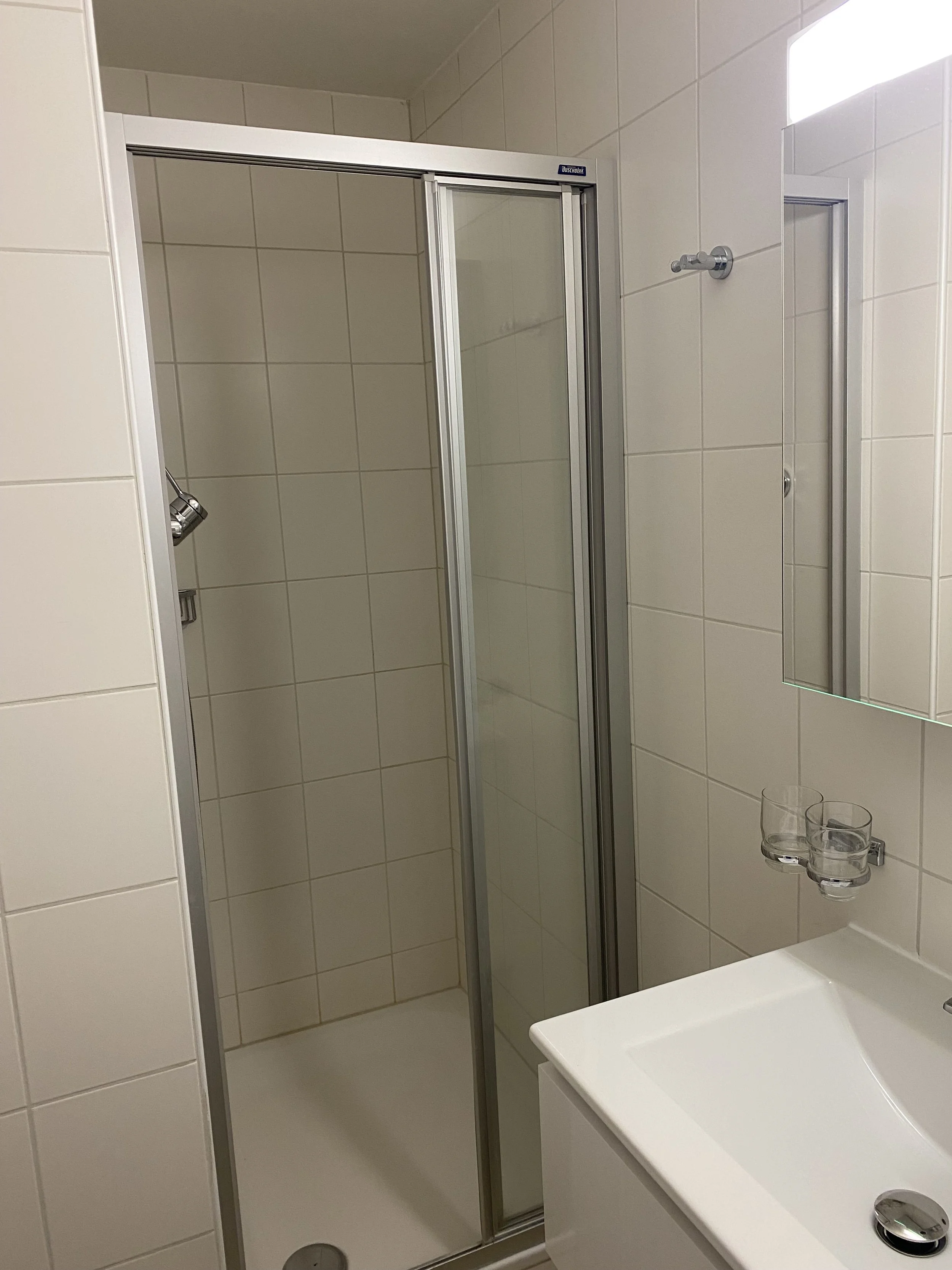 Bathroom with a glass shower enclosure, a small mirror, and a white sink with a chrome faucet.