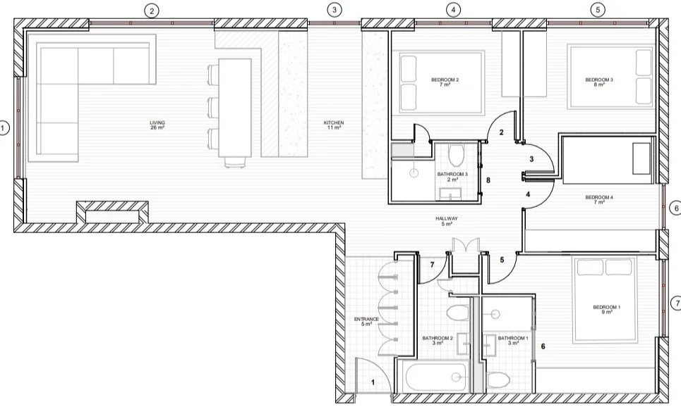 Floor plan of a house showing a living room, kitchen, four bedrooms, three bathrooms, hallway, entrance, and various interior walls.