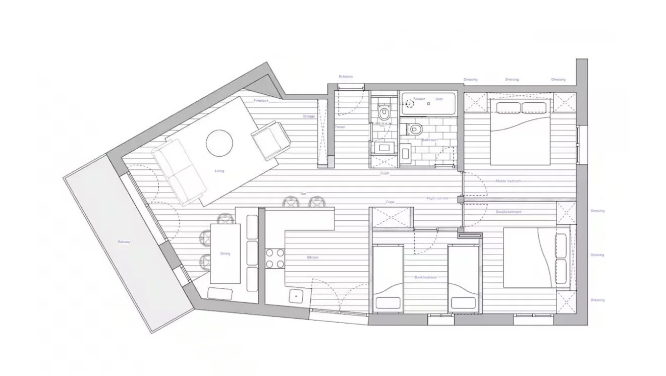 Floor plan of a residential apartment showing living room, kitchen, dining area, bedrooms, bathrooms, and balconies.