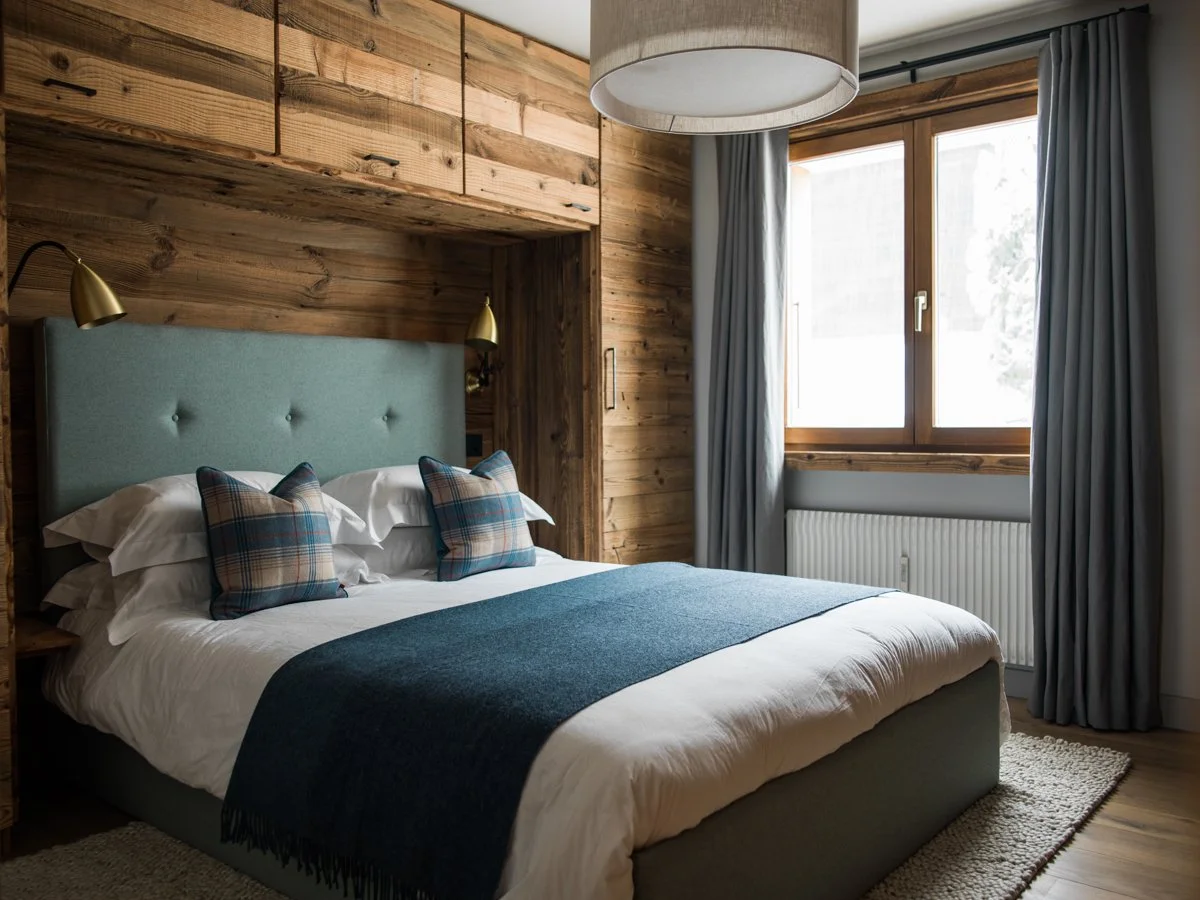 A cozy bedroom with wooden paneling walls, a large bed with a turquoise tufted headboard, and plaid pillows. There's a window with gray curtains and a white radiator below. The room has a bedside lamp and a modern, minimalist decor.