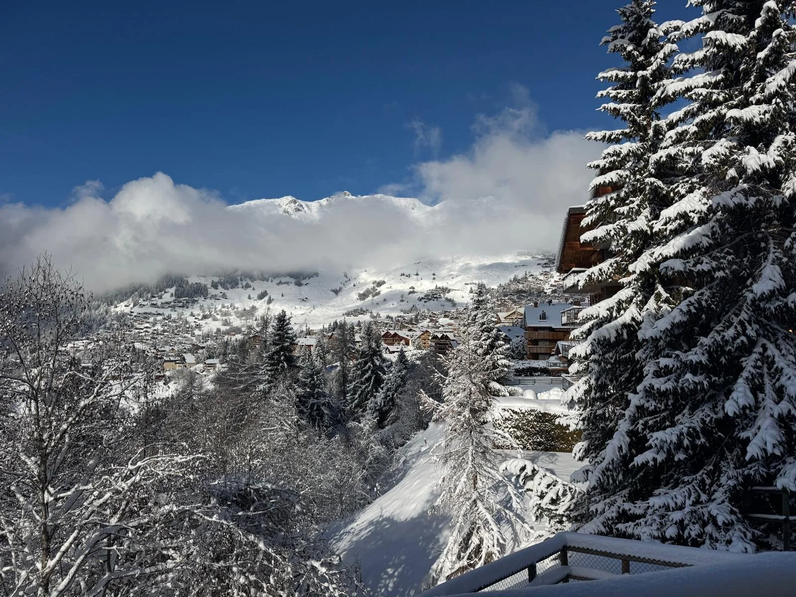 Snow-covered mountains and trees with houses on a hillside under a blue sky with clouds.