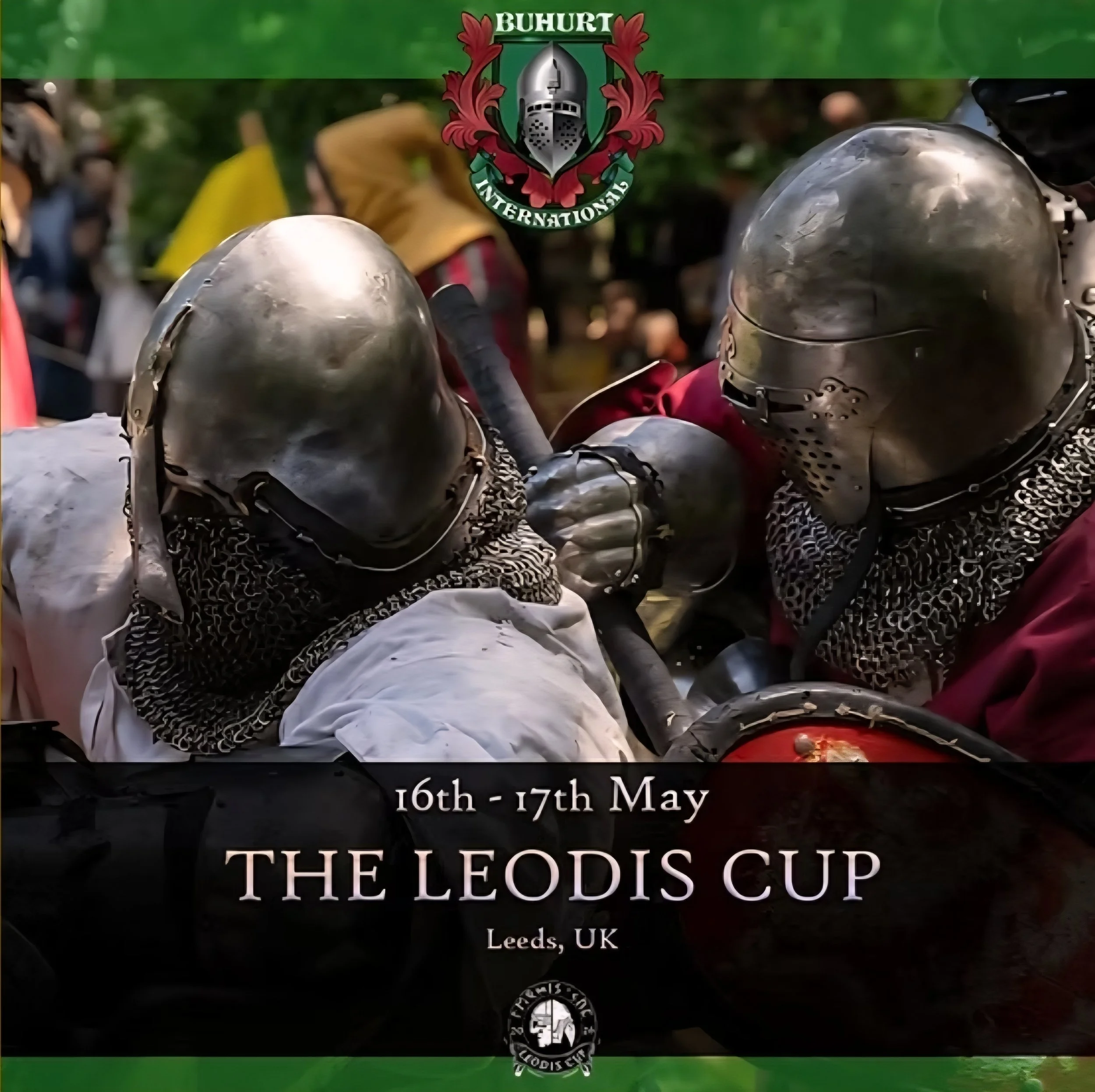Two individuals dressed as medieval knights in armor engage in full-contact medieval MMA . Both wearing chainmail neck covers and metal helmets. The scene is part of an event called the Leodis Cup, held in Leeds, UK, from May 16th to 17th.