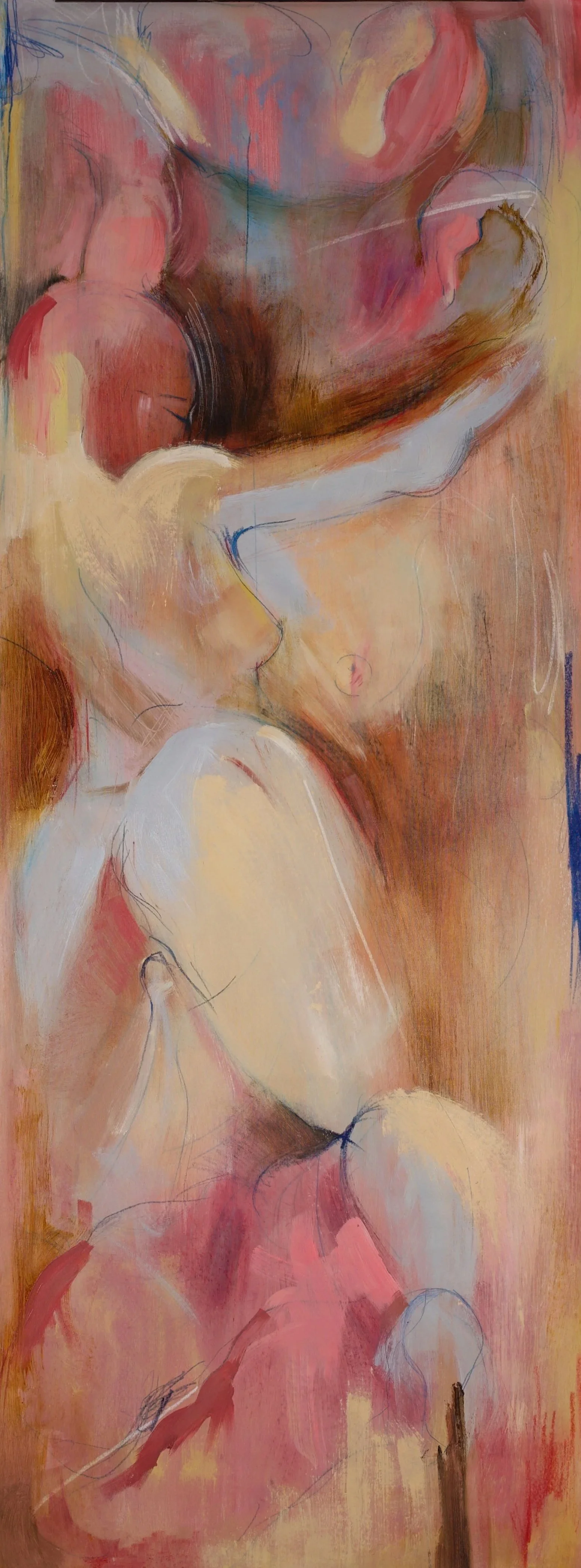 "View from an Open Window." 214x77 cm. Oil, pencil, wax crayon, pastel & charcoal on canvas. 2026. 