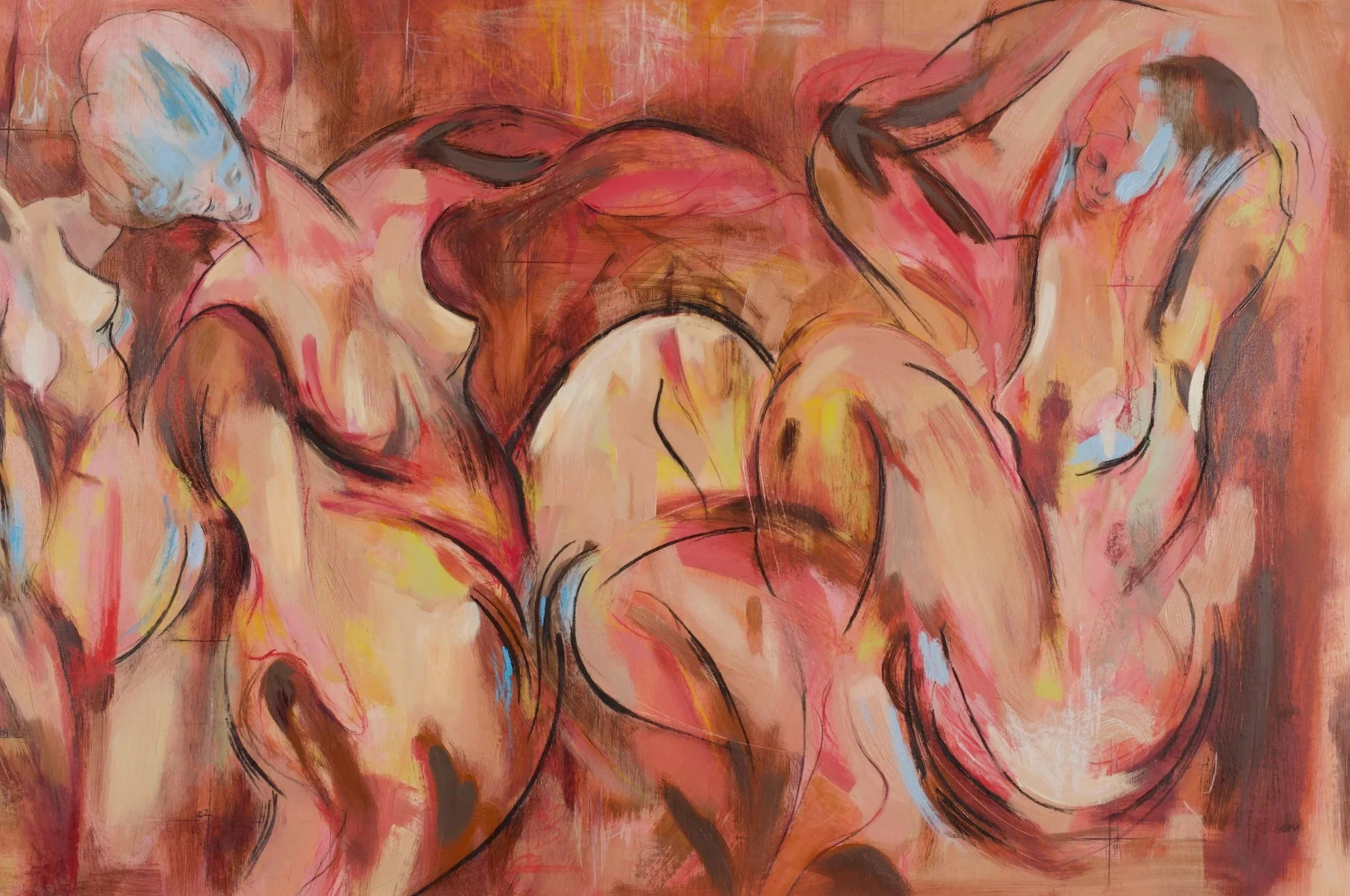 "Chest Mates". 80x140 cm. Oil, wax crayon, coloured pencil, charcoal on canvas. 2026. Unavailable. 