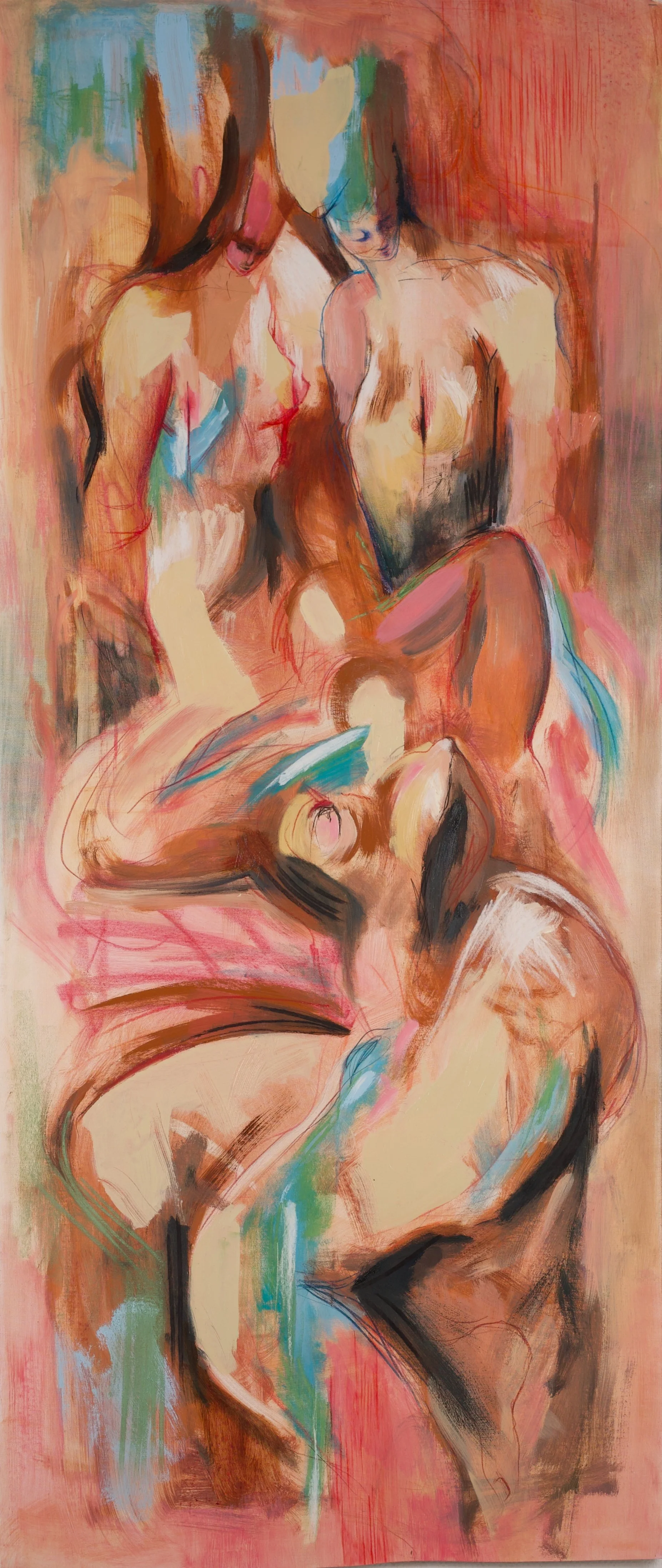 "Under your gaze - Triptych A." 220x70 cm. Oil, pencil, wax crayon, pastel & charcoal on canvas. 2026. 