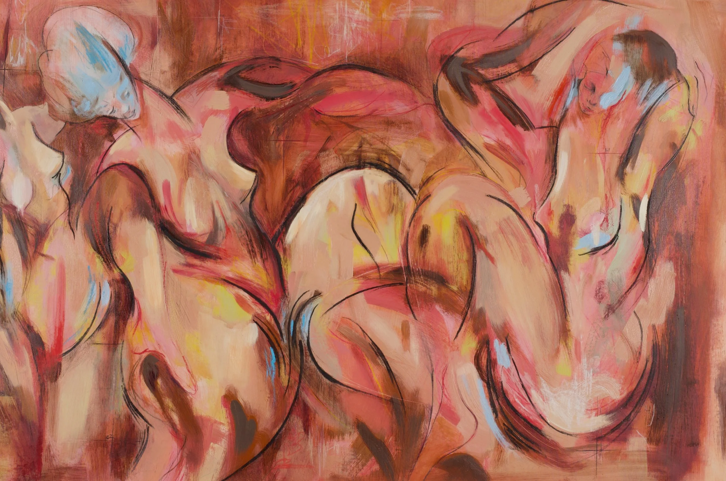 "Chest Mates". 80x140 cm. Oil, wax crayon, coloured pencil, charcoal on canvas. 2026. Sold. 