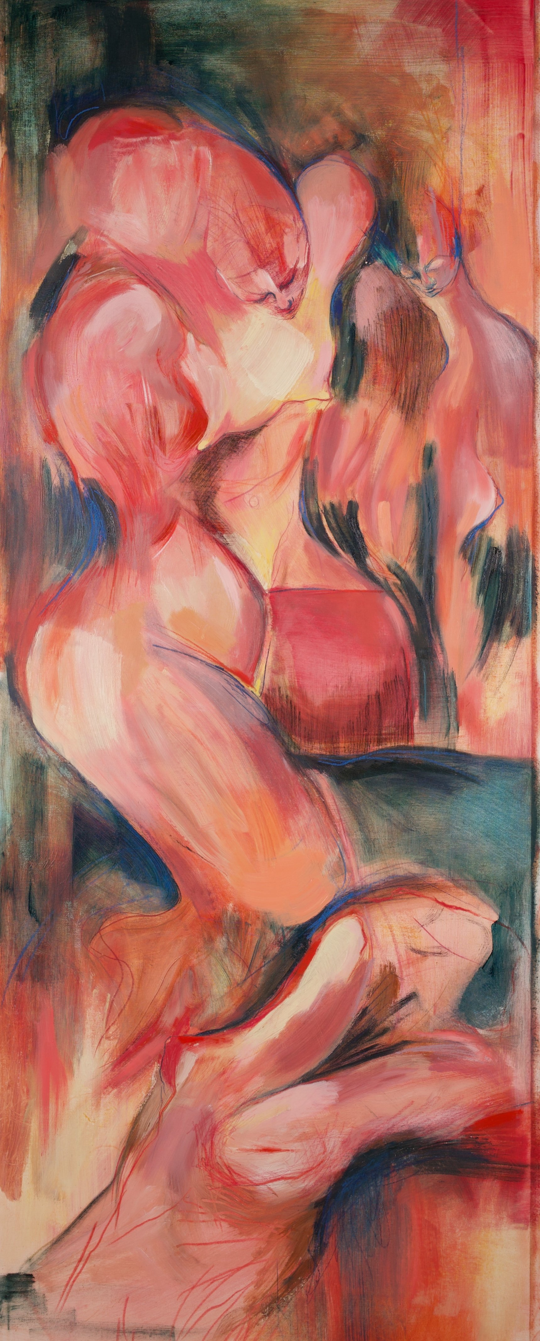 "Under your gaze - Triptych B." 220x70 cm. Oil, pencil, wax crayon, pastel & charcoal on canvas. 2026. 