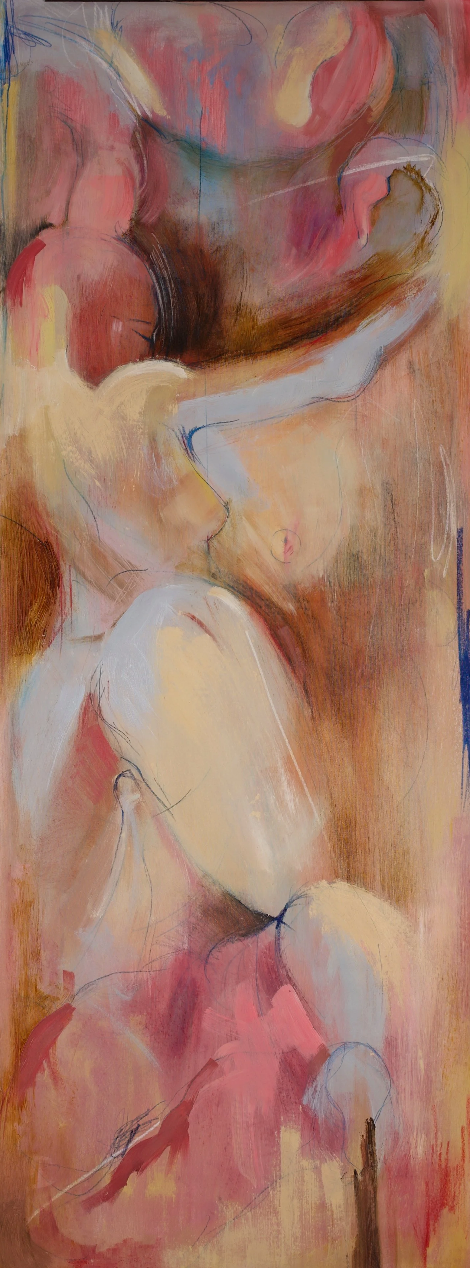 "View from an Open Window." 214x77 cm. Oil, pencil, wax crayon, pastel & charcoal on canvas. 2026. 