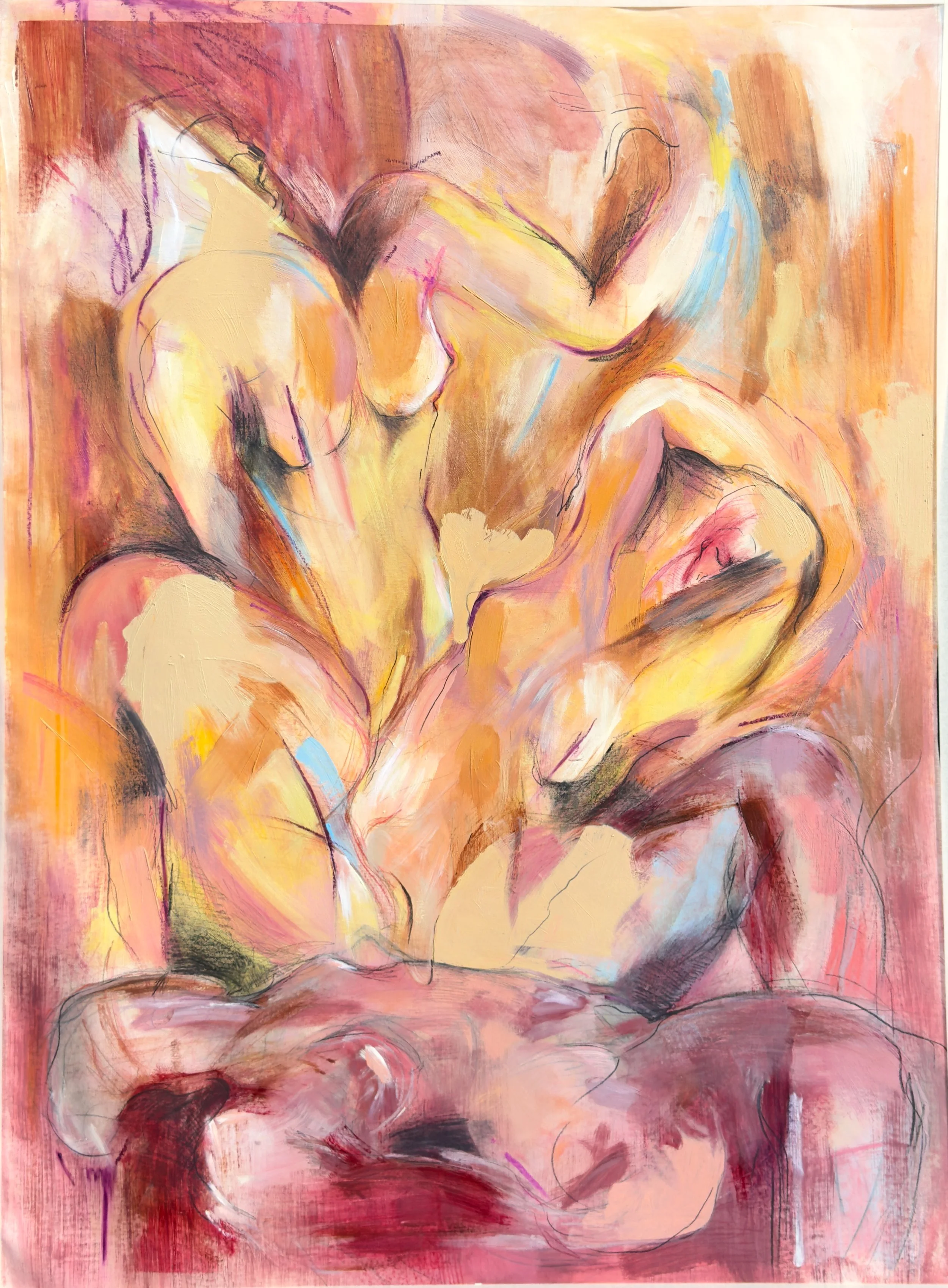 "How to Leave a Body" 220X160 cm. Oil, pencil, wax, charcoal on canvas. 2026. 