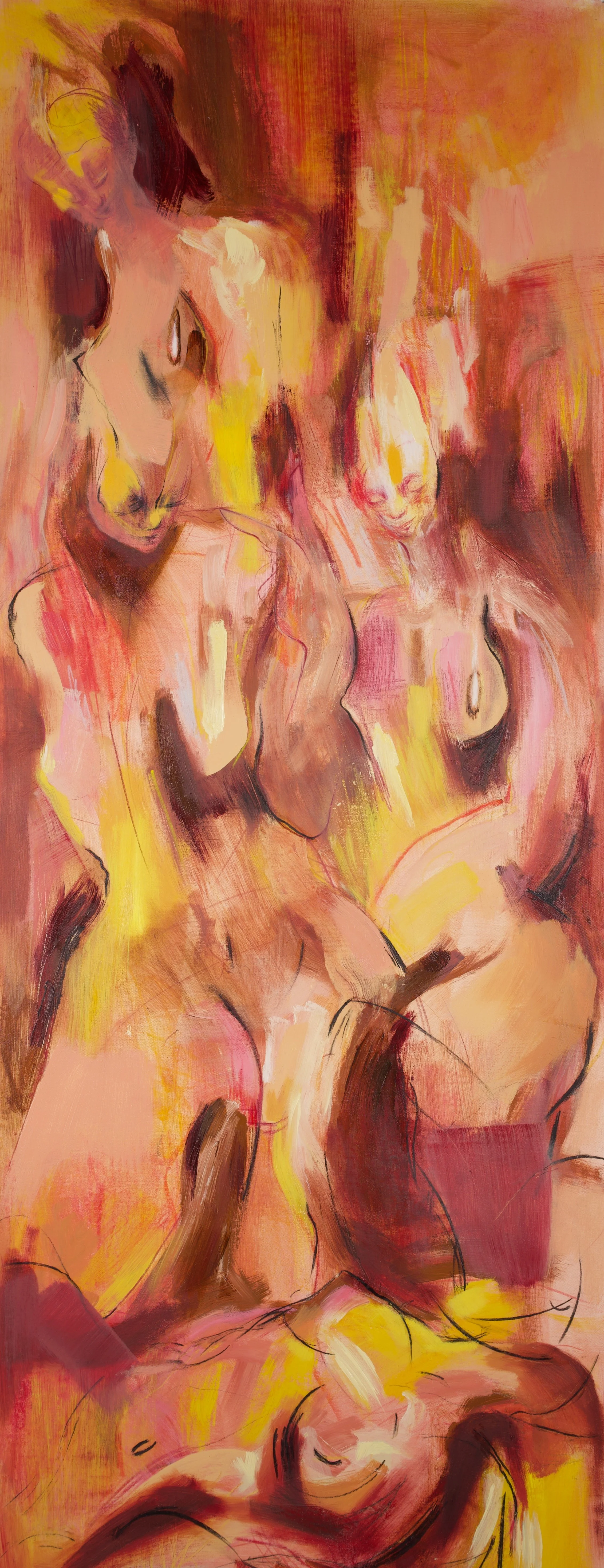 "Under your gaze - Triptych C." 220x70 cm. Oil, pencil, wax crayon, pastel & charcoal on canvas. 2026. 