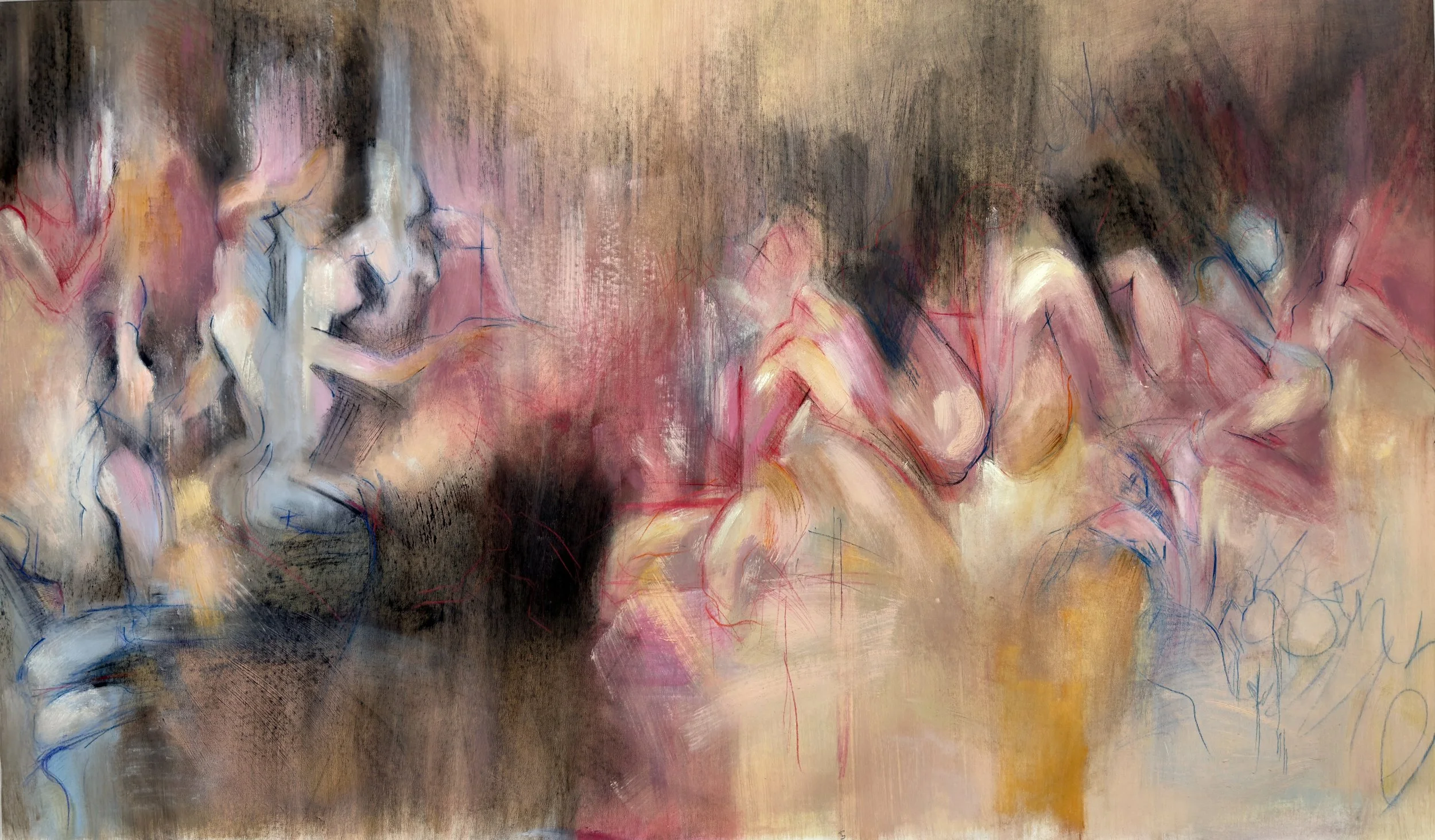 "Her Annunciation." 80 X 150 cm. Oil, colour pencil, pastel, charcoal and wax on canvas. 2026 
