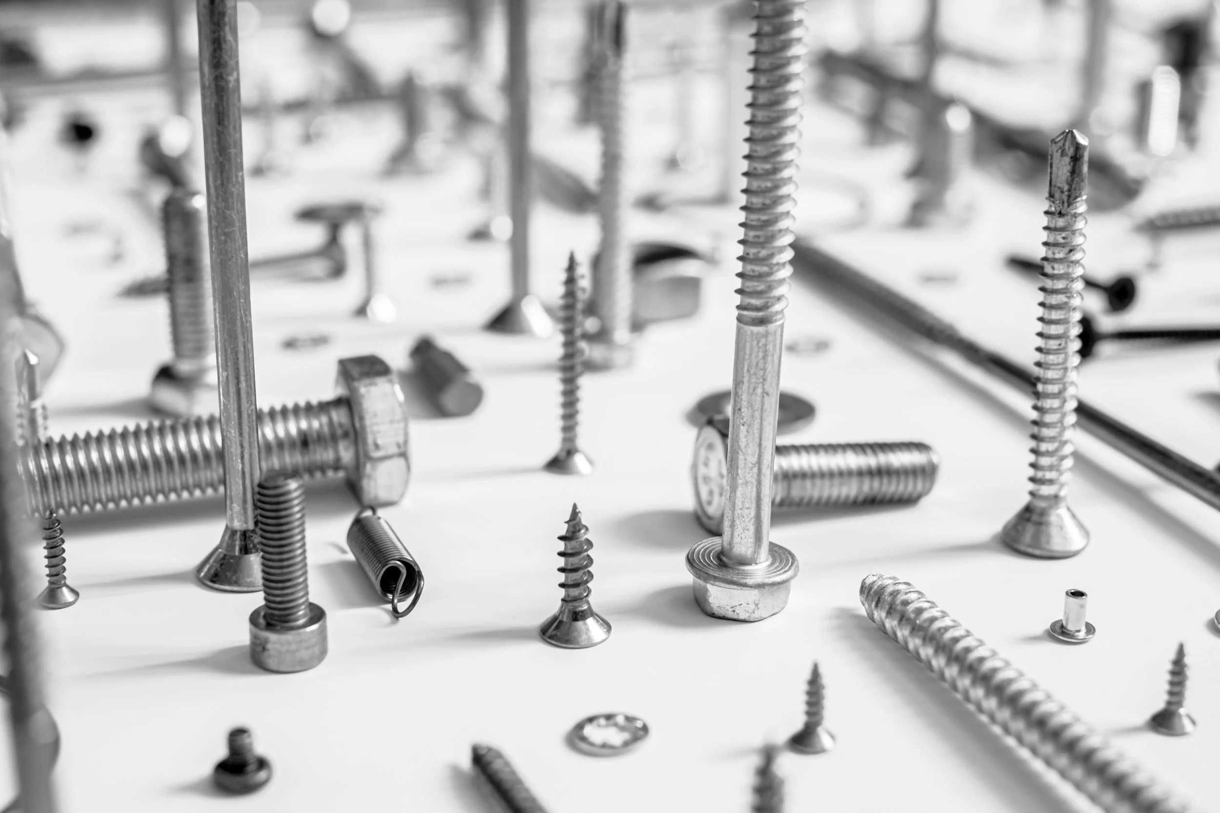 A collection of metal screws, bolts, washers, and other fasteners arranged on a flat surface in a black and white photograph.