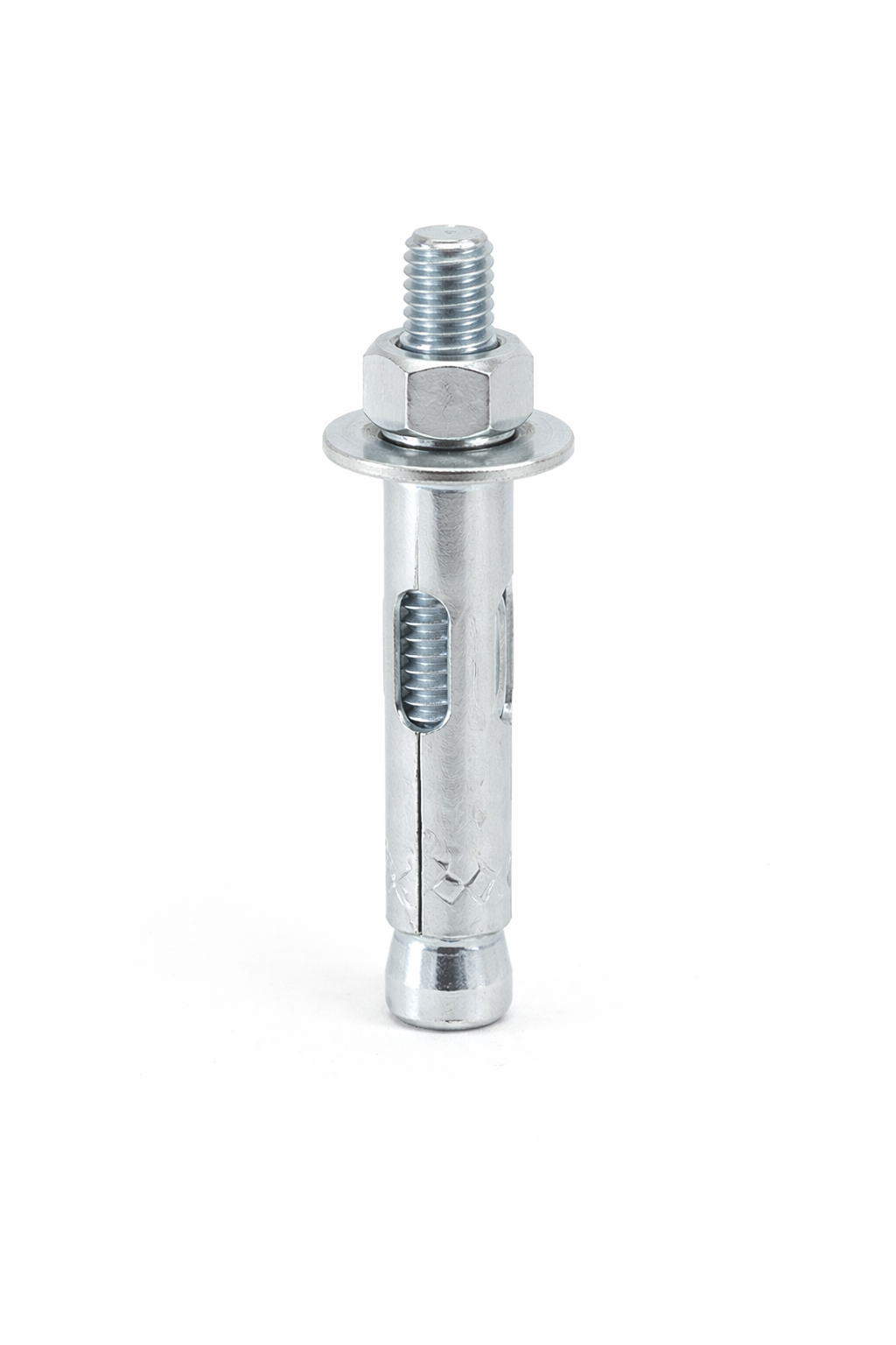 A metal toggle bolt with a threaded bolt, metal washer, and a hollow sleeve for wall anchoring.