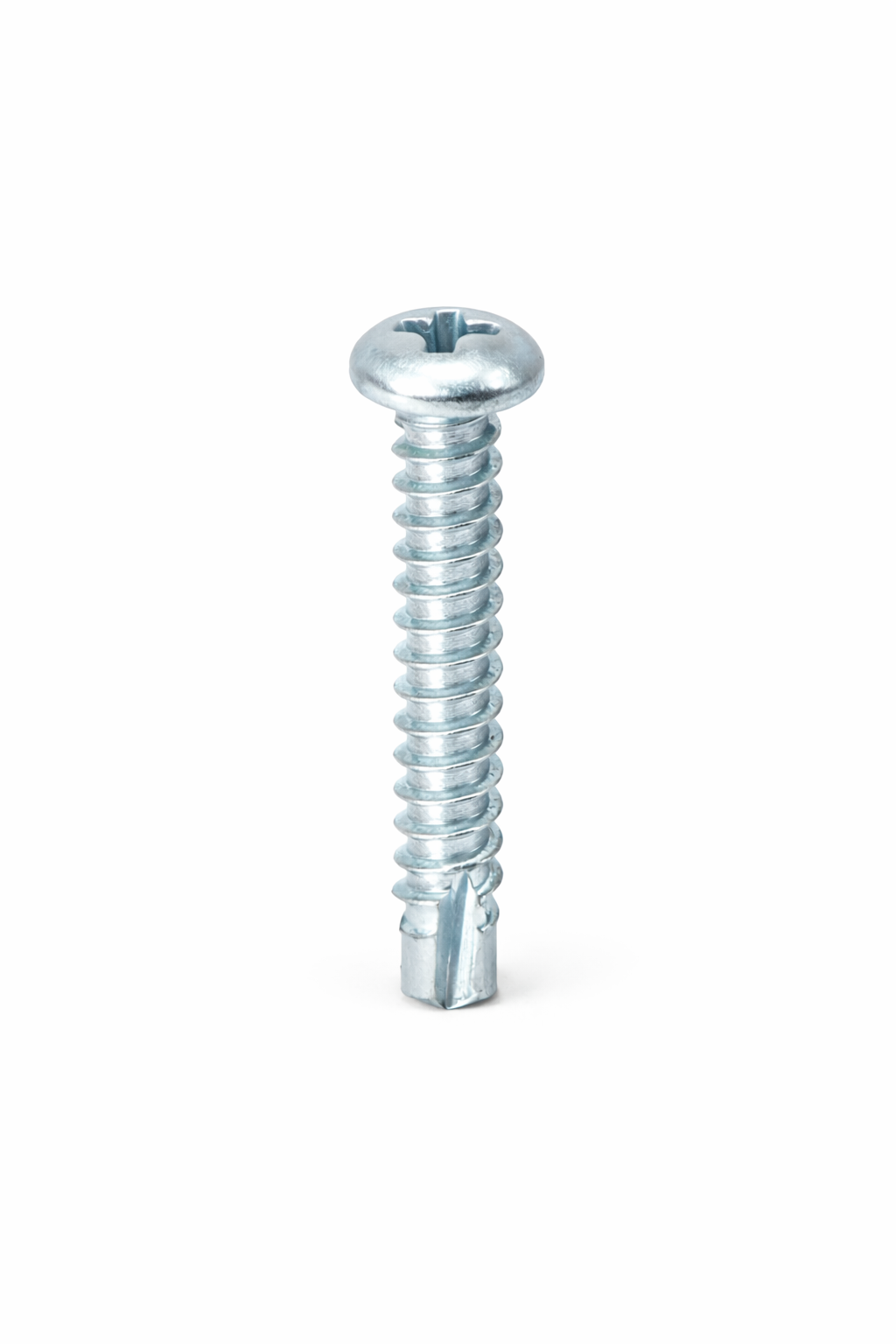 A close-up of a silver metal screw standing vertically against a white background. self taping screw