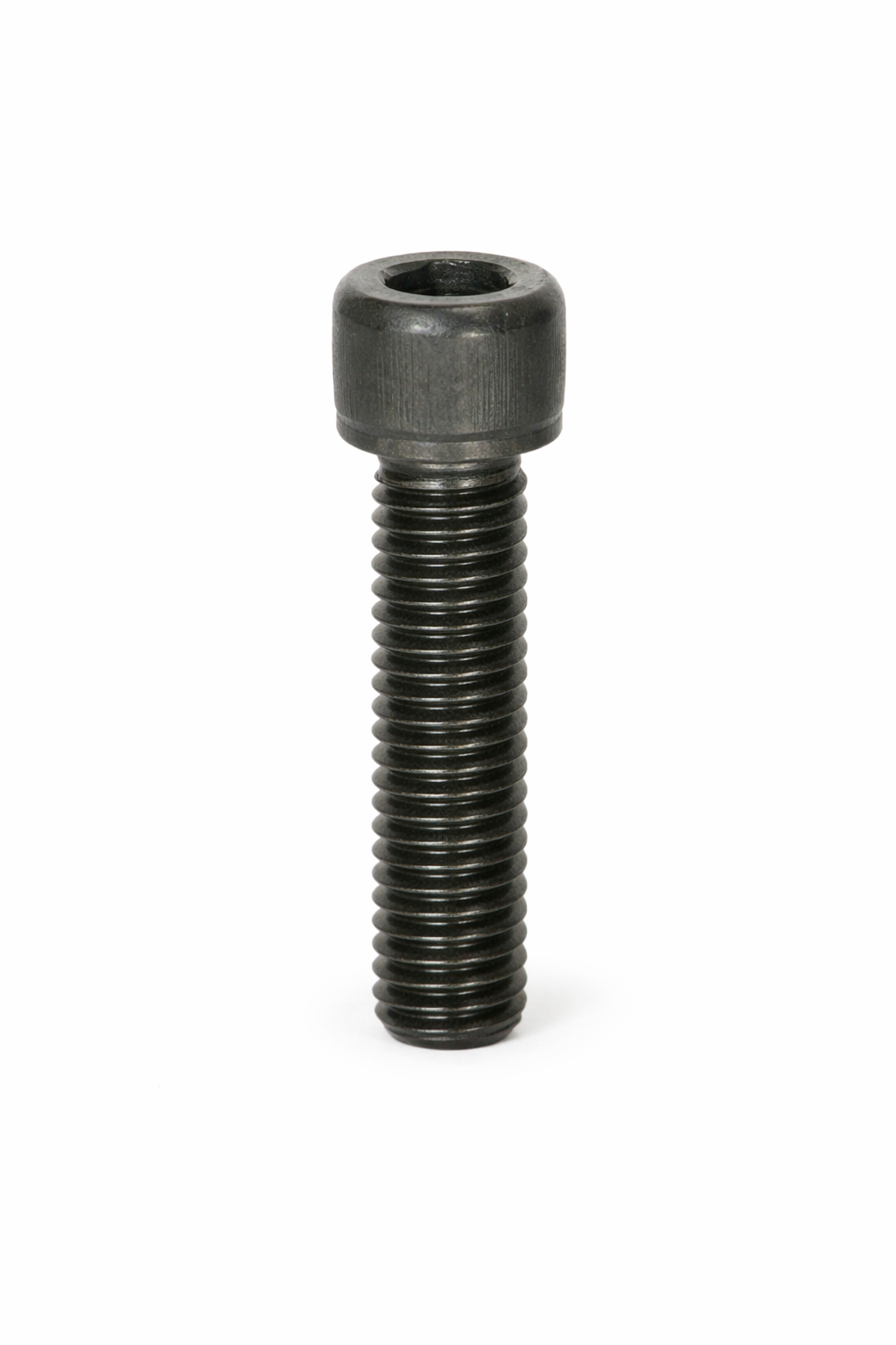 A black metal bolt with a threaded shaft and a hexagonal head isolated on a white background.