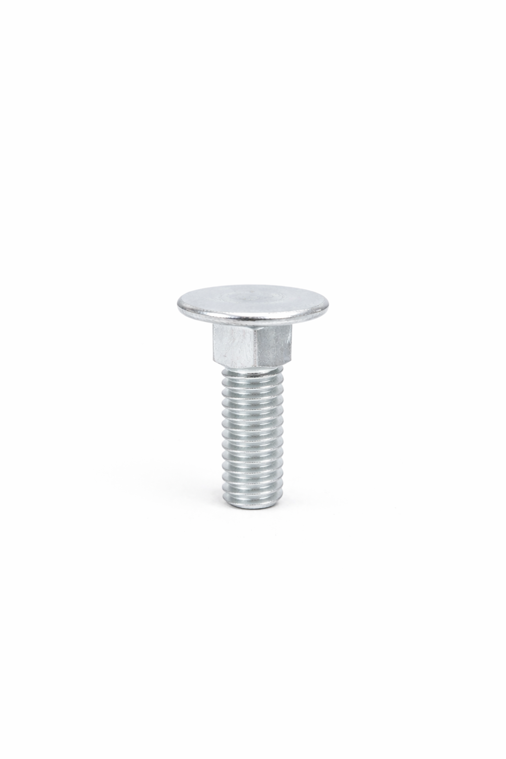 A metal bolt with a round head and threaded shaft isolated on a white background.