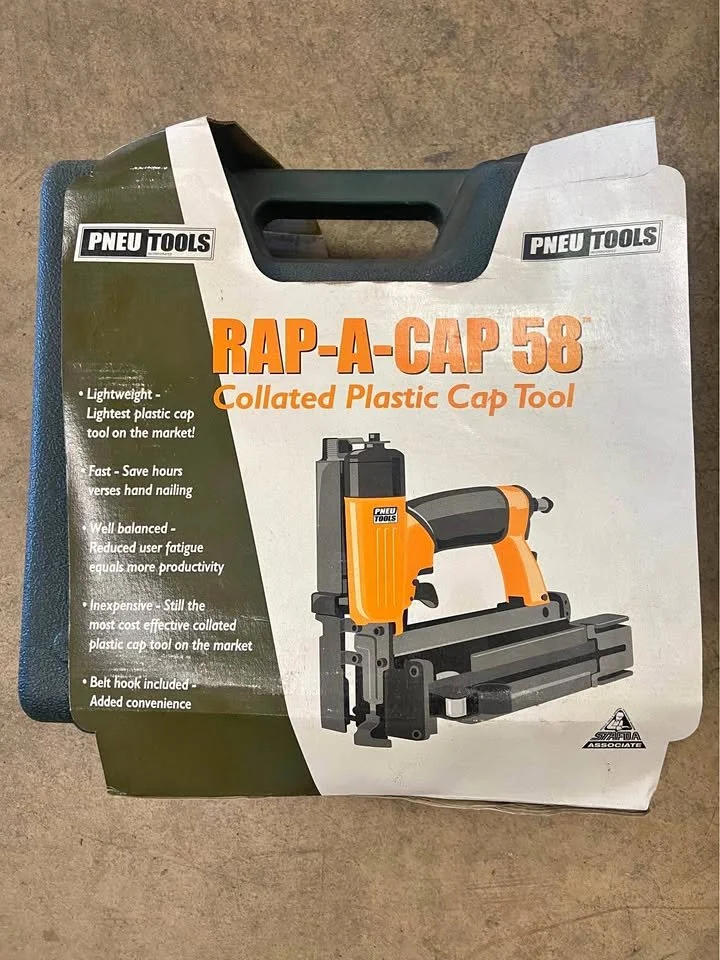 a plastic case containing a pneumatic stapler called RAP-A-CAP 58, a collated plastic cap tool by PNEU TOOLS, designed for easy use with a handle, depicted with accompanying product features and branding.