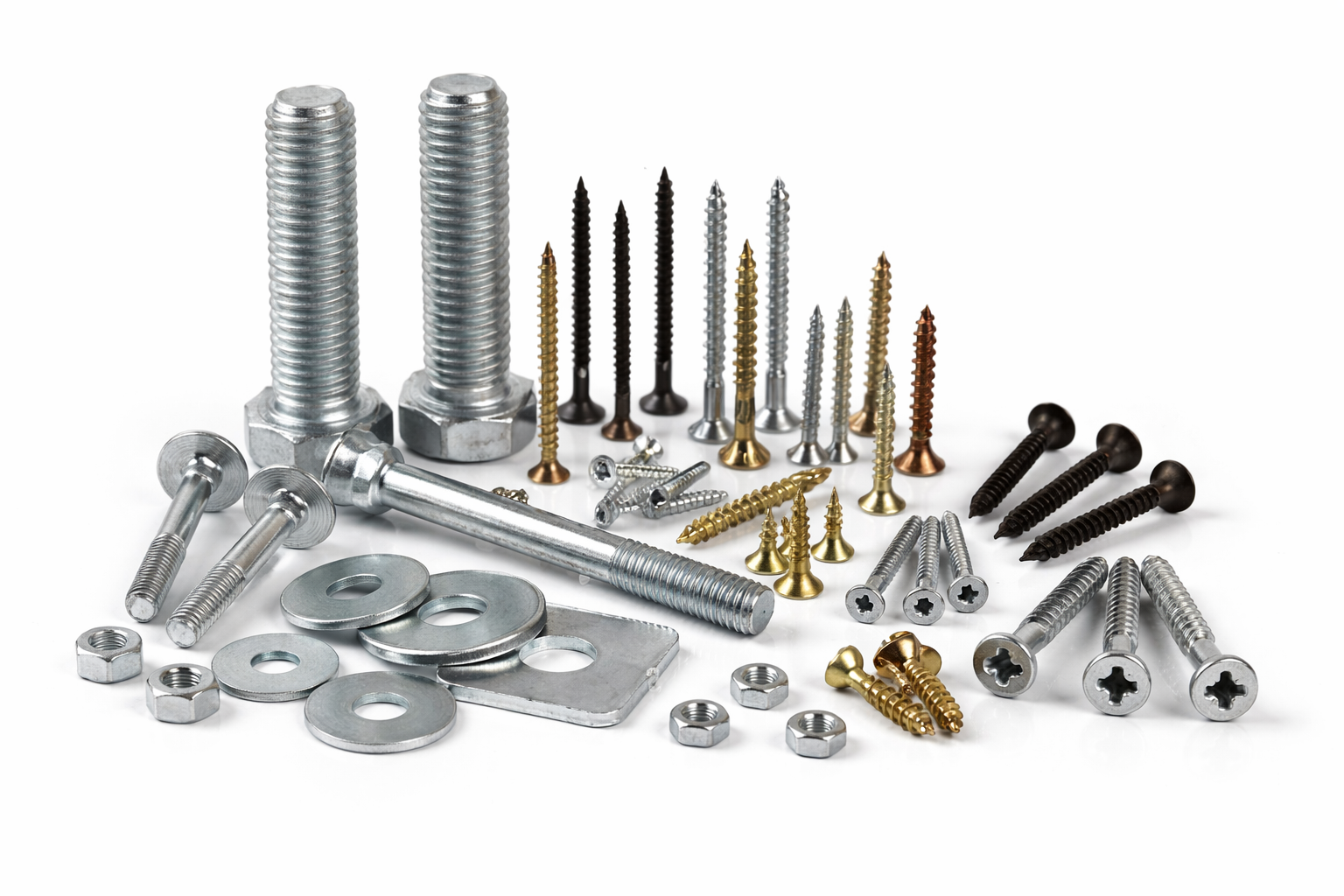 Assorted industrial fasteners and hardware, including screws, bolts, nuts, washers, and brackets on a white background
