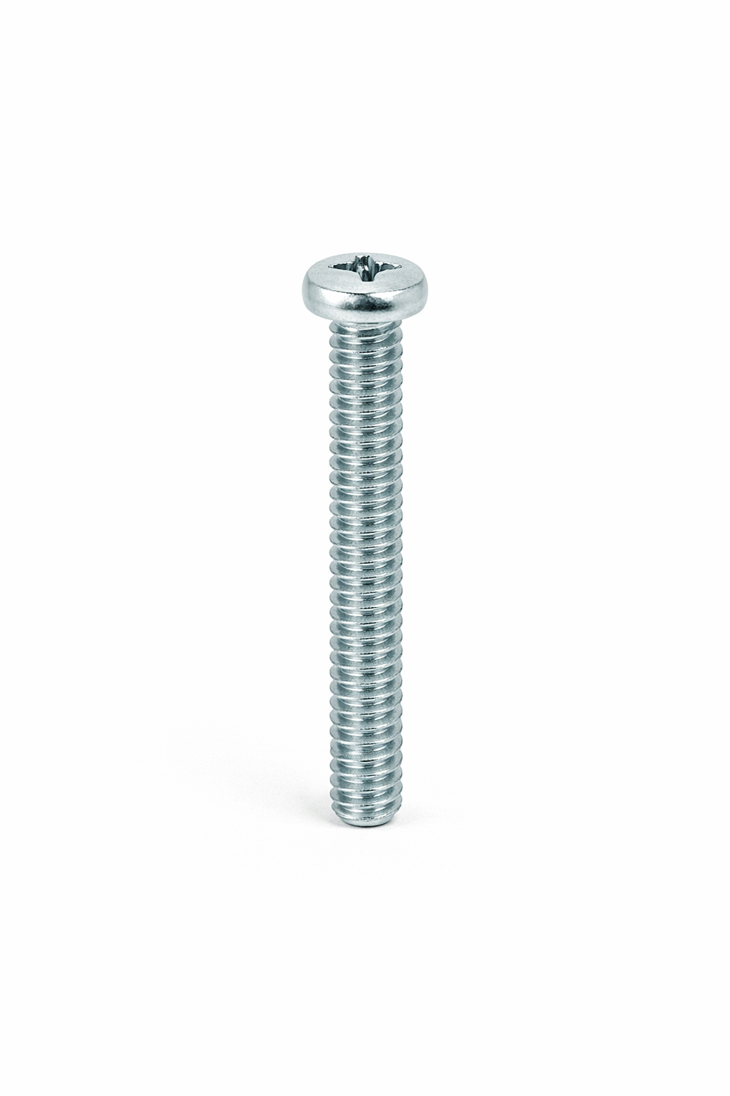 A silver Phillips head screw isolated on a white background.