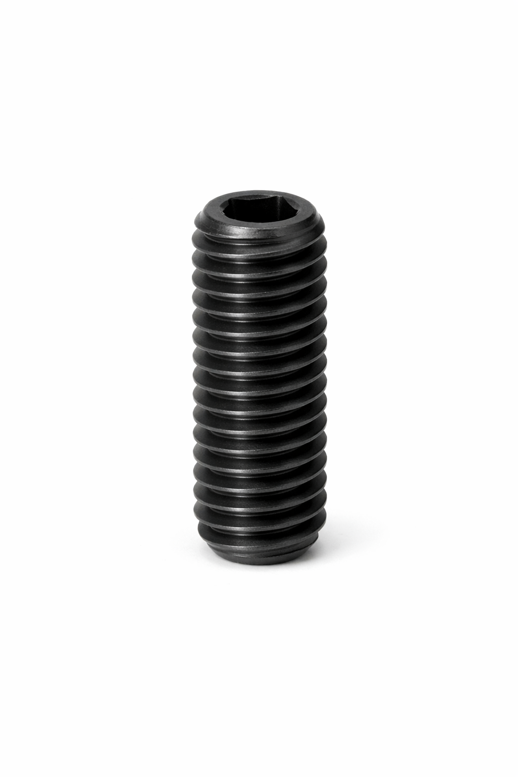 Black threaded screw with a hexagonal socket head, standing vertically on a white background.