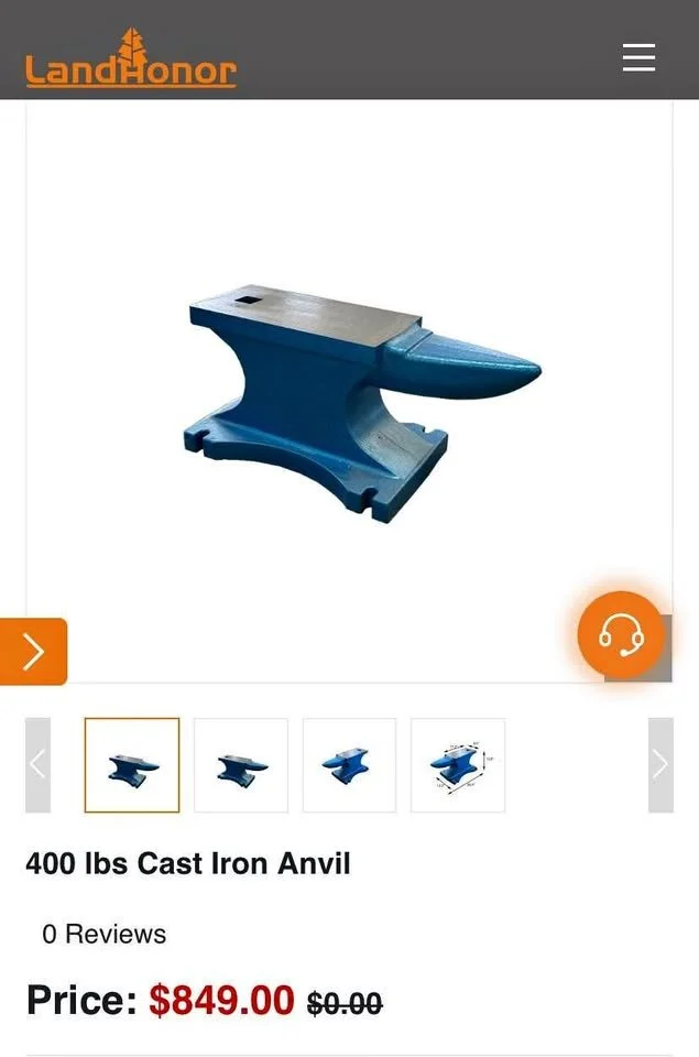 Image of a website displaying a blue 400 lbs cast iron anvil with a flat top, horn, and base, priced at $849.00.