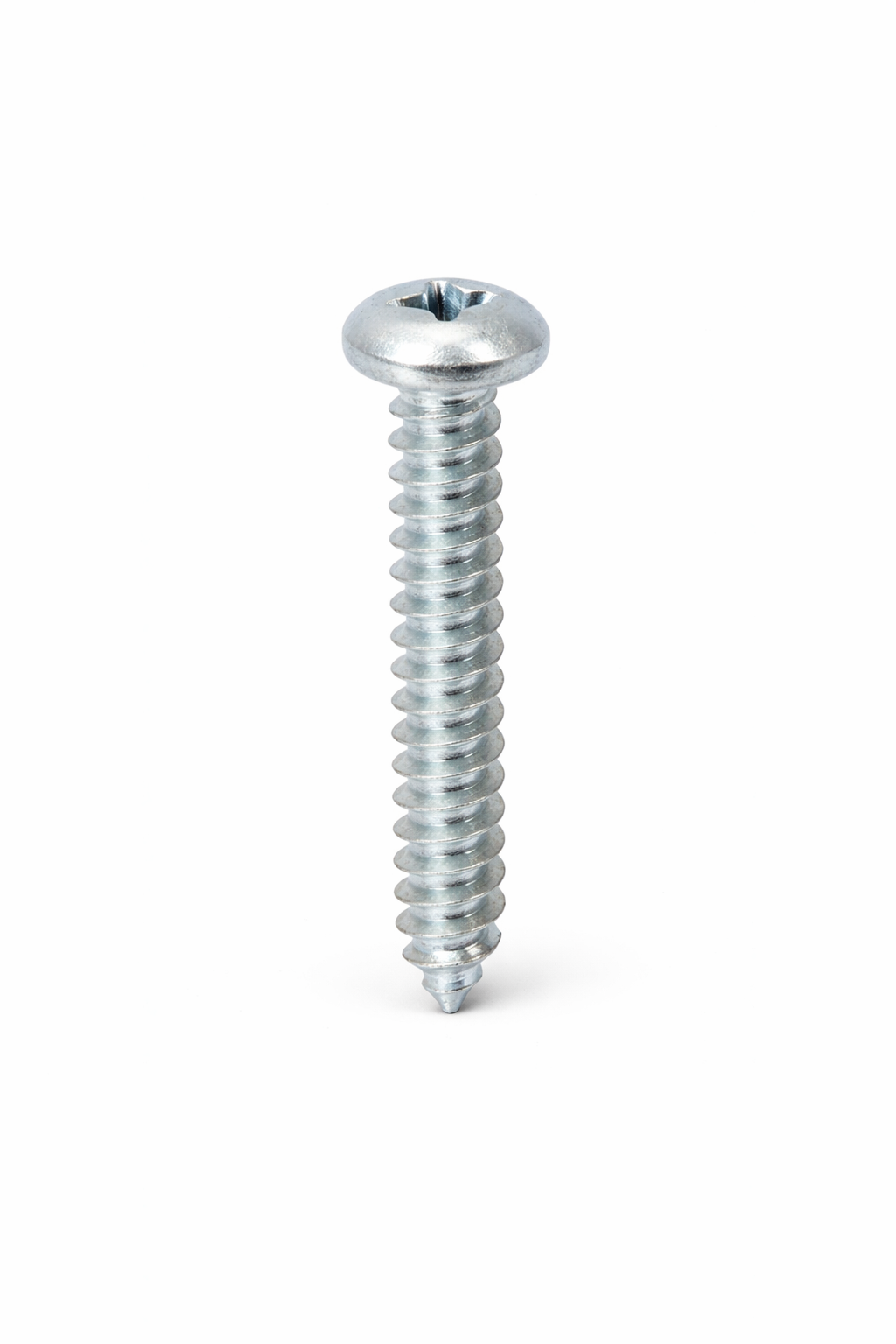 Close-up of a shiny metal screw with a Phillips head, isolated on white background.