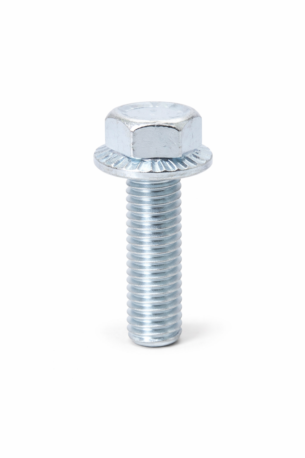 A close-up of a metal bolt with a washer under the hex head, isolated on white background.