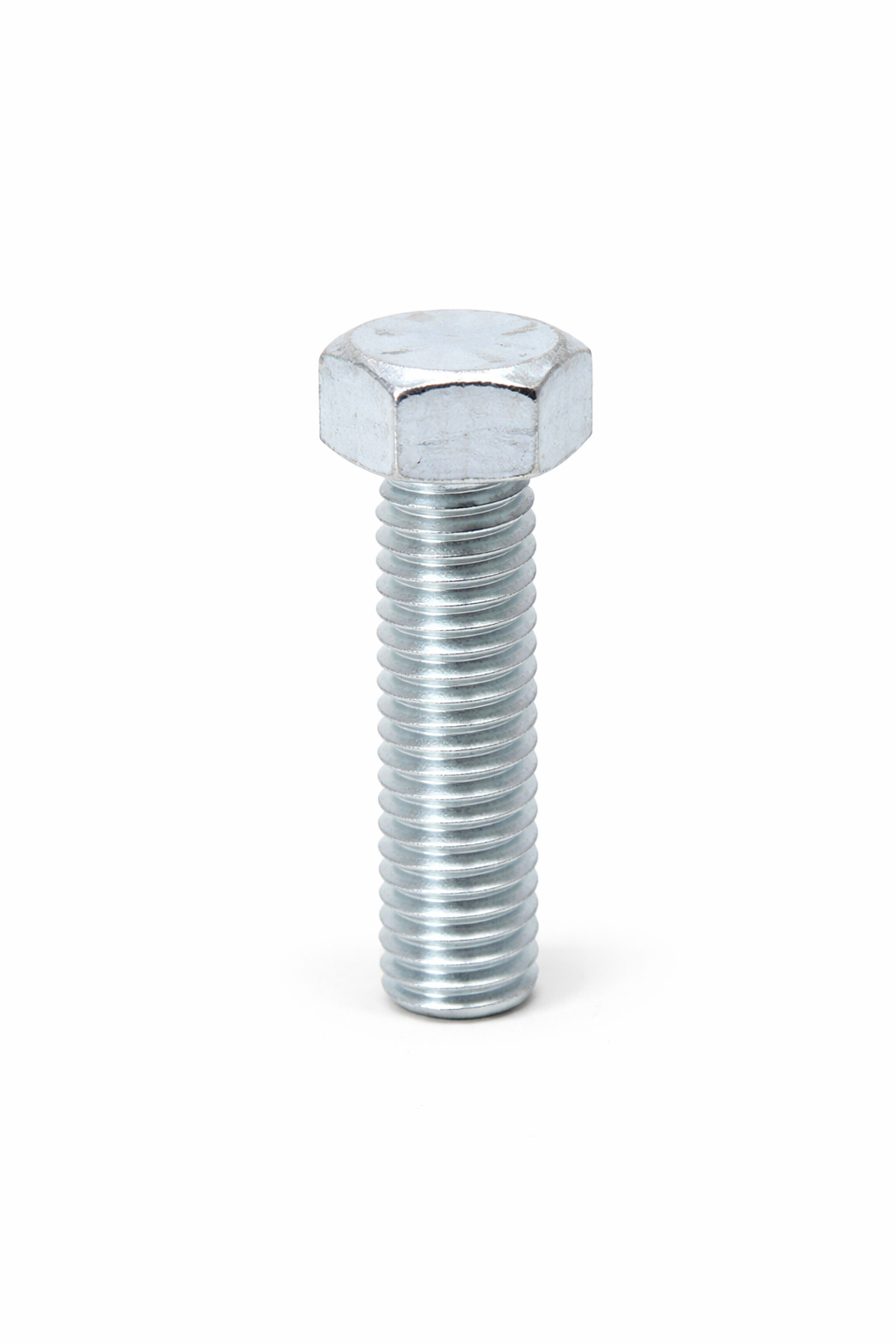 Close-up of a metal bolt with a hex head and threaded body against a white background.